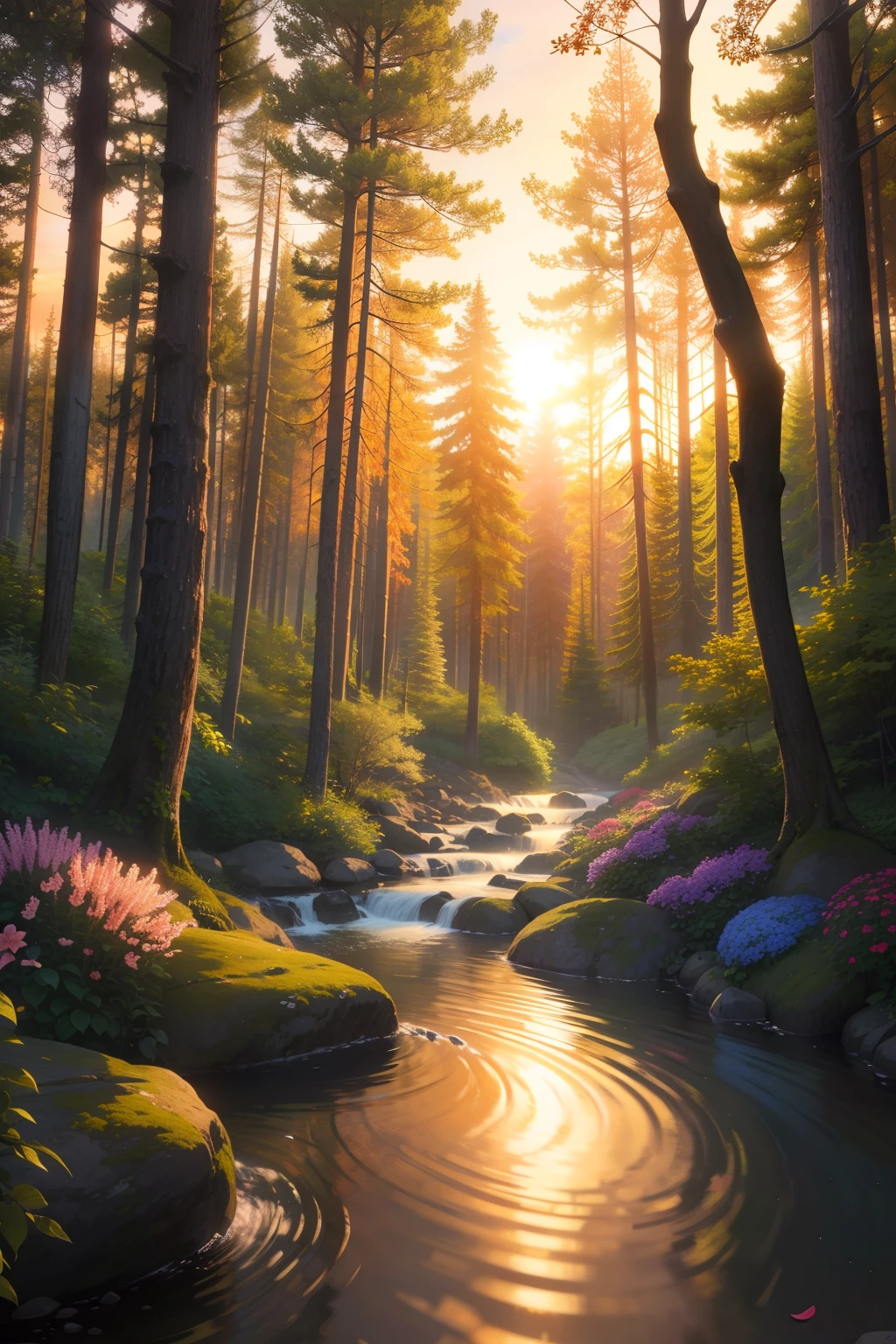 A beautiful forest with realistic colors, at sunset, flowers, many trees, a crystal clear stream,