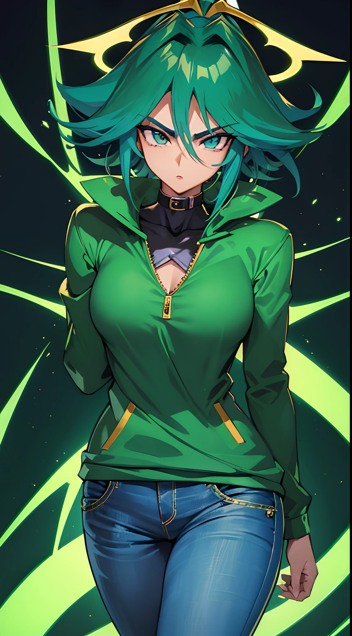 uma imagem de uma mulher de anime em uma jaqueta verde e jeans , Estilo Yugioh, Yugioh Estilo de Arte, Arte Yugioh, yu - no, Yugioh, personagem de anime feminino, mulher alta do anime com olhos azuis, character