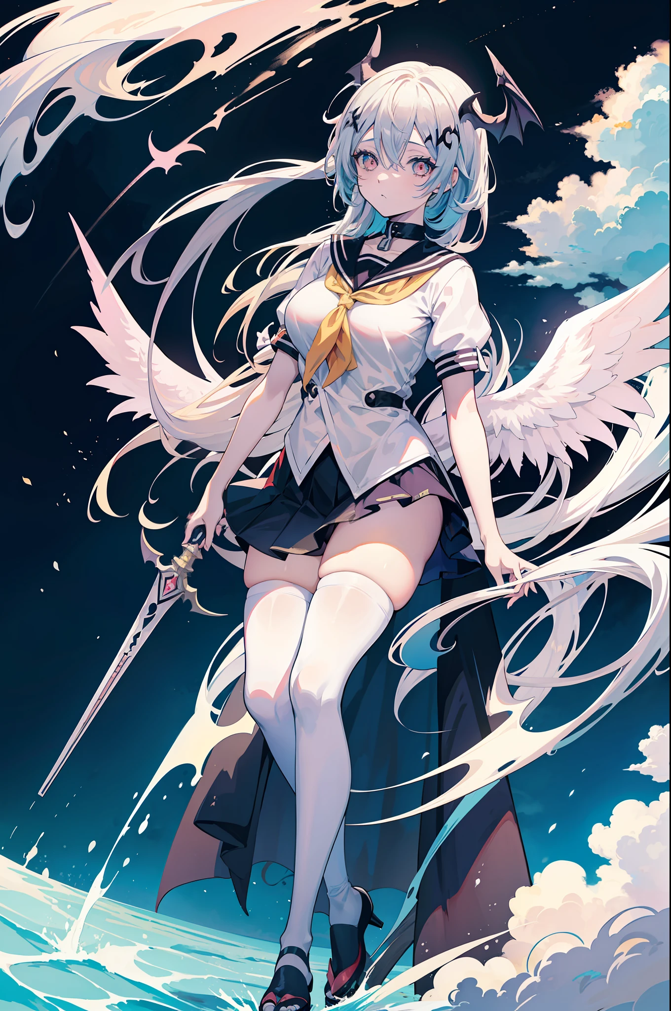 Chica anime con cuernos y una falda y una camisa blanca, Chica de anime demonio, Chica monstruo de anime, colas gemelas blancas_guantes, Anime Moe Artstyle, Mika Kam Demonio, splash art anime , Un azul ) and huge bat wings, Chica demonio, REM REZERO, kantai collection style