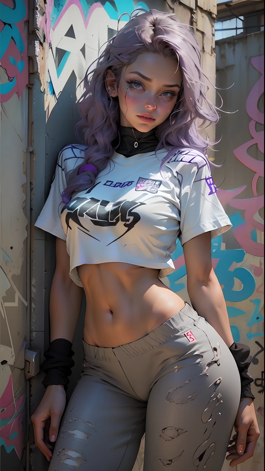 Woman body defined thick thighs cybernetic body parts, with violet hair, short underwear, transparent shirt showing breast beak, realistic, white t-shirt, and grey sweatpants, graffiti wall as background