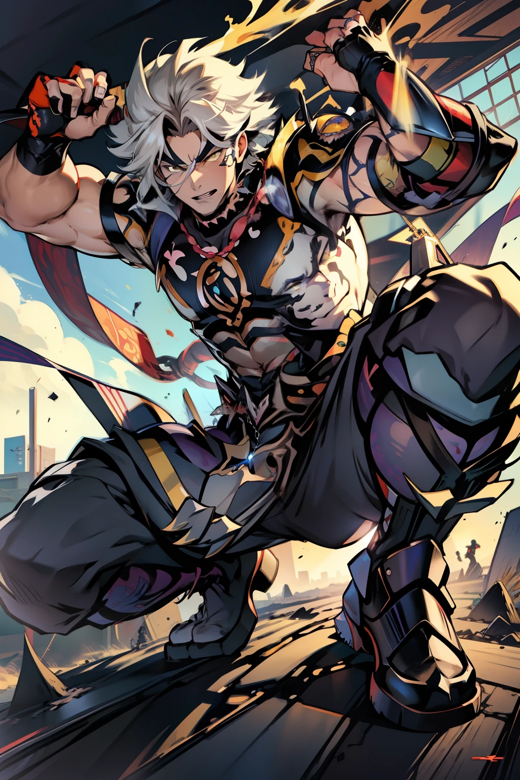 《the original god》Arataki Kazuto , male people,,((Masterpiece)), ((Best quality)), Ultra detailed,((illustration)), Dynamic Angle, Detailed light, (Delicate eyes), Floating, 1boy, Male focus, Head, Clothing, Yellow eyes, necklace, tattoo, (Forehead:0.8), (ahoge:0.8), jewelry, apathy,Ray, chest muscle, Sexy , Venom symbiote for your body, Black mucus of the body , (into venom), Venom,frontage,style of anime4 K, 4K anime wallpaper, Badass anime 8 K, 4 k comic wallpaper, young anime man, Anime boys, Anime wallpapers 4 k, Anime wallpaper 4K, High quality anime art style, Anime moe art style, Anime art wallpaper 8 K, Anime art wallpaper 4 K, RGB lighting