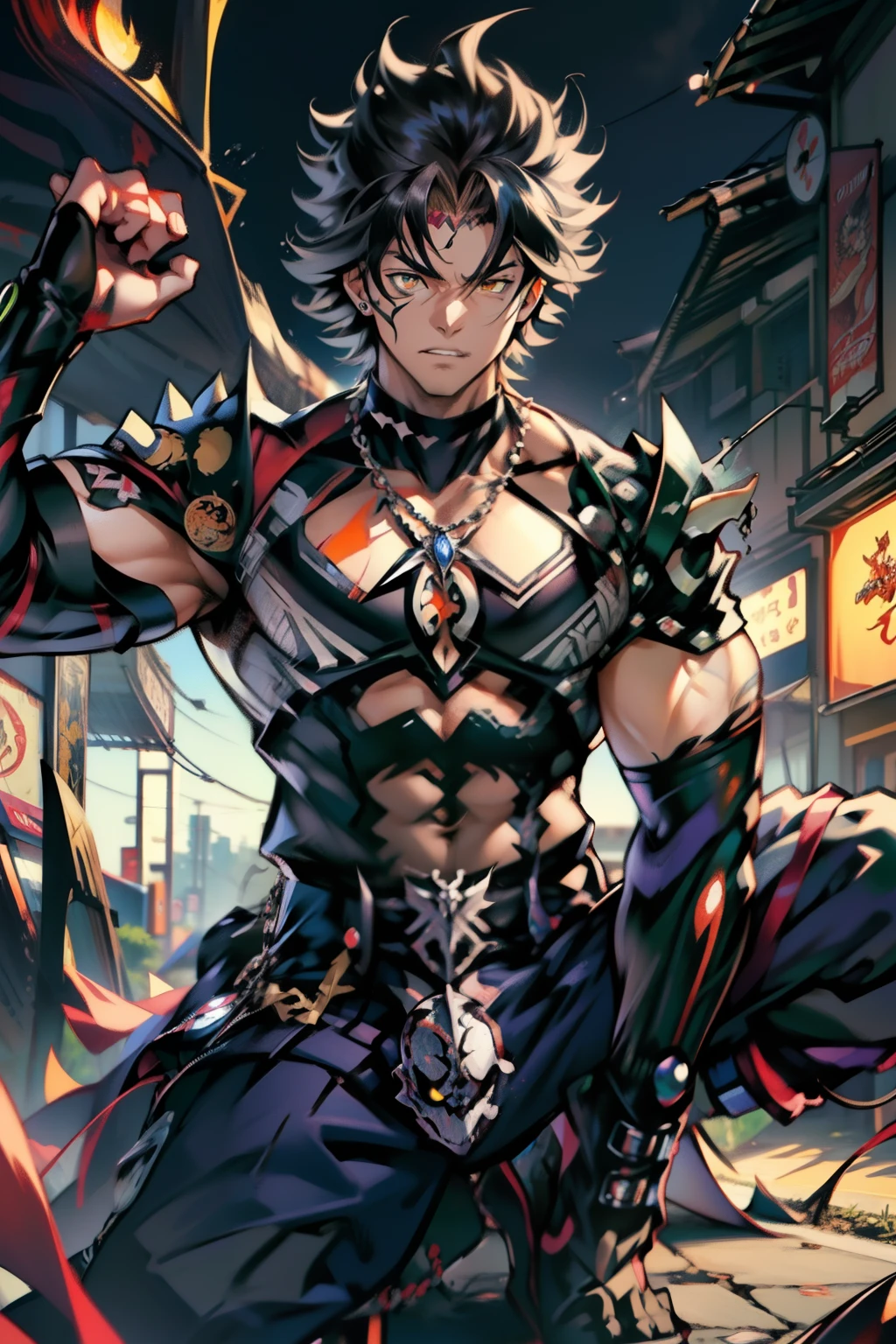 《the original god》Arataki Kazuto , male people,,((Masterpiece)), ((Best quality)), Ultra detailed,((illustration)), Dynamic Angle, Detailed light, (Delicate eyes), Floating, 1boy, Male focus, Head, Clothing, Yellow eyes, necklace, tattoo, (Forehead:0.8), (ahoge:0.8), jewelry, apathy,Ray, chest muscle, Sexy , Venom symbiote for your body, Black mucus of the body , (into venom), Venom,frontage,style of anime4 K, 4K anime wallpaper, Badass anime 8 K, 4 k comic wallpaper, young anime man, Anime boys, Anime wallpapers 4 k, Anime wallpaper 4K, High quality anime art style, Anime moe art style, Anime art wallpaper 8 K, Anime art wallpaper 4 K, RGB lighting