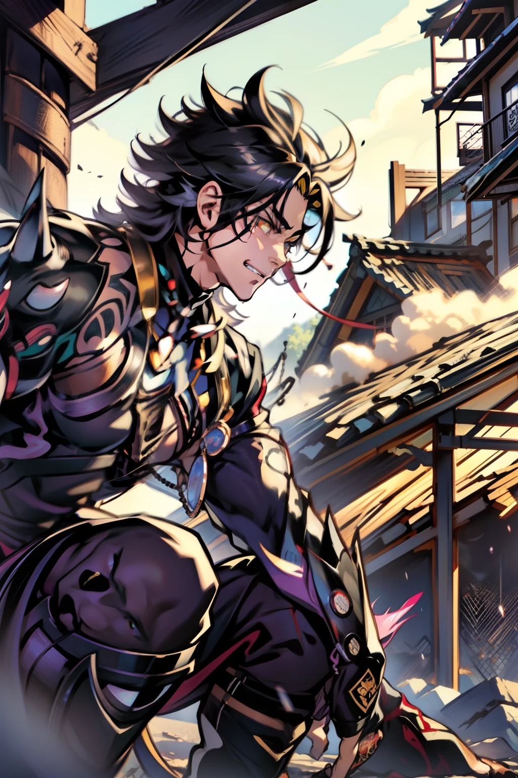 《the original god》Arataki Kazuto , male people,,((Masterpiece)), ((Best quality)), Ultra detailed,((illustration)), Dynamic Angle, Detailed light, (Delicate eyes), Floating, 1boy, Male focus, Head, Clothing, Yellow eyes, necklace, tattoo, (Forehead:0.8), (ahoge:0.8), jewelry, apathy,Ray, chest muscle, Sexy , Venom symbiote for your body, Black mucus of the body , (into venom), Venom,frontage,style of anime4 K, 4K anime wallpaper, Badass anime 8 K, 4 k comic wallpaper, young anime man, Anime boys, Anime wallpapers 4 k, Anime wallpaper 4K, High quality anime art style, Anime moe art style, Anime art wallpaper 8 K, Anime art wallpaper 4 K, RGB lighting