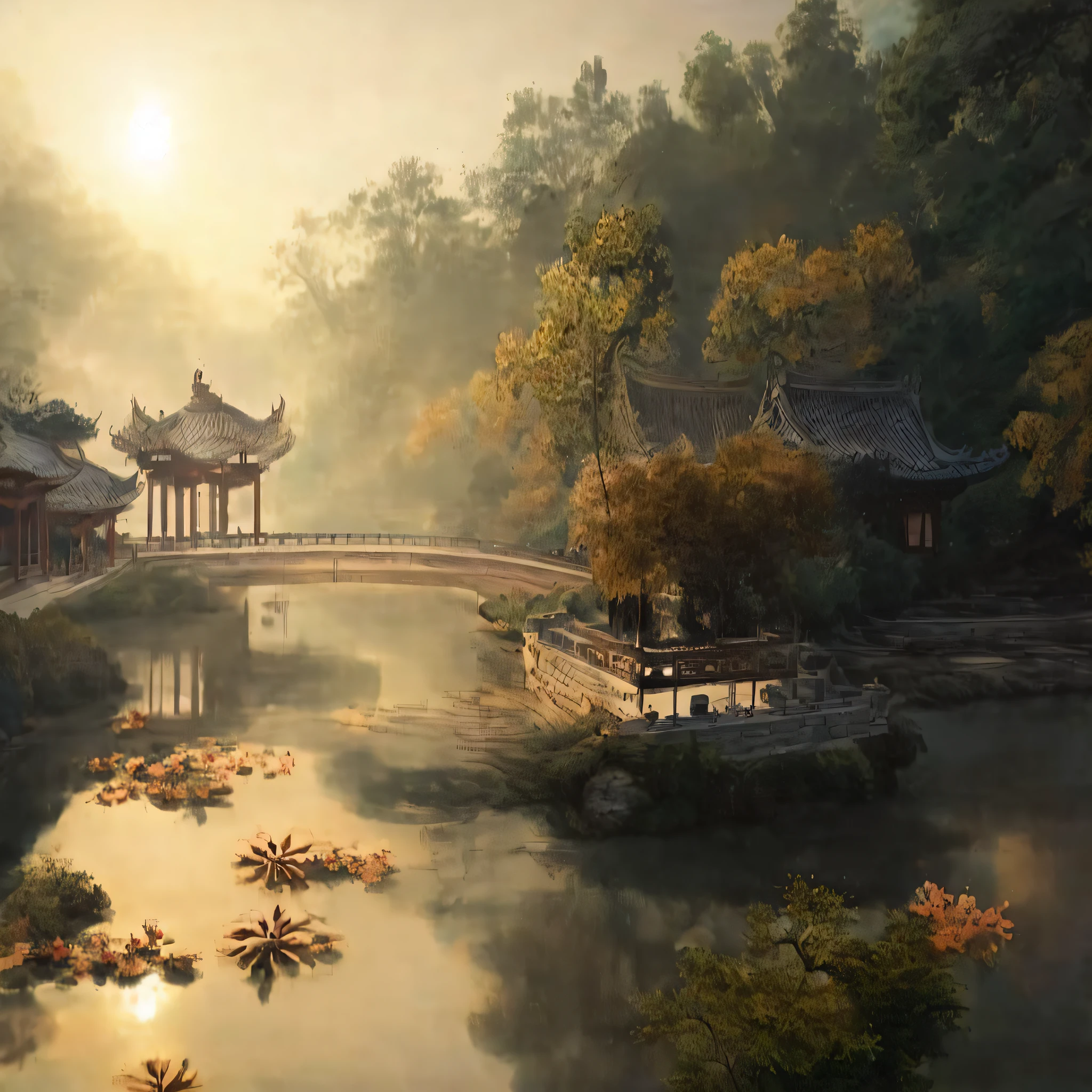 arafed bridge over a river with a bridge and a pagoda in the background, beautiful render of tang dynasty, chinese landscape, dreamy chinese town, chinese style, quiet and serene atmosphere, detailed scenery —width 672, beautiful and aesthetic, by Ma Yuan, in a serene landscape, scenery wallpaper, oriental wallpaper, tranquil scene, zen temple background, song dynasty
