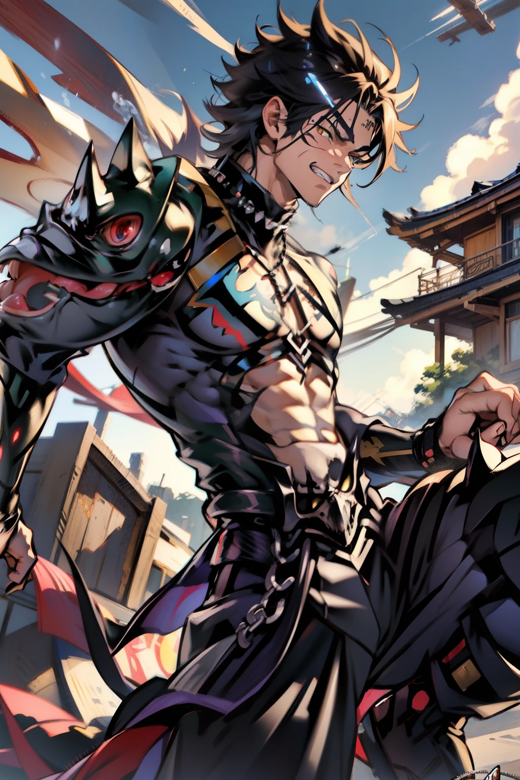 《the original god》Arataki Kazuto , male people，，((Masterpiece)), ((Best quality)), Ultra detailed,((illustration)), Dynamic Angle, Detailed light, (Delicate eyes), Floating, 1boy, Male focus, Head, Clothing, Yellow eyes, necklace, tattoo, (Forehead:0.8), (ahoge:0.8), jewelry, apathy，Ray， chest muscle， Sexy , Venom symbiote for your body, Black mucus of the body , （into venom）, Venom，frontage，style of anime4 K， 4K anime wallpaper， Badass anime 8 K， 4 k comic wallpaper， young anime man， Anime boys， Anime wallpapers 4 k， Anime wallpaper 4K， High quality anime art style， Anime moe art style， Anime art wallpaper 8 K， Anime art wallpaper 4 K， RGB lighting
