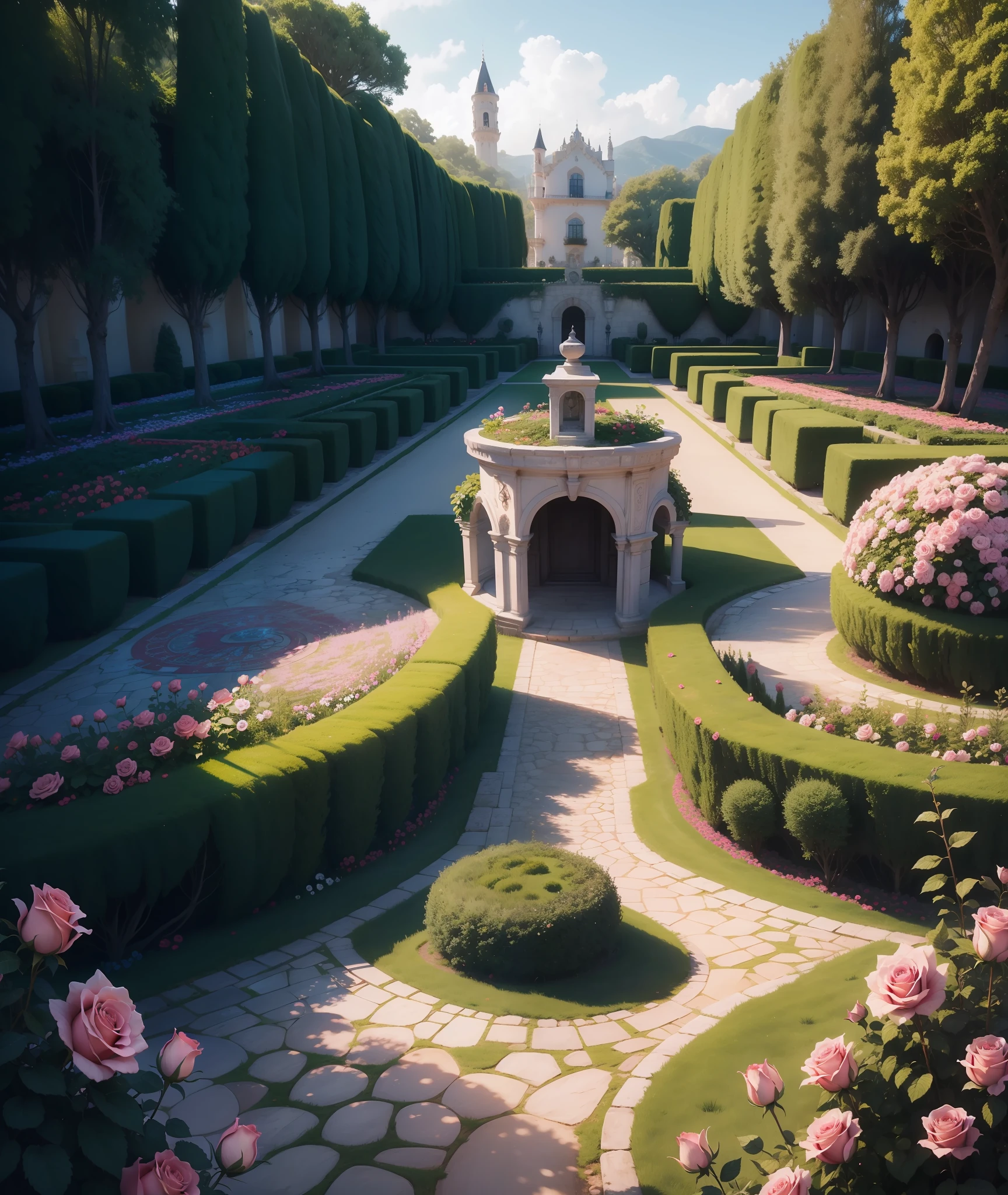 Magical rose garden, castelo encantado, hiper realista, super realista, 8K.