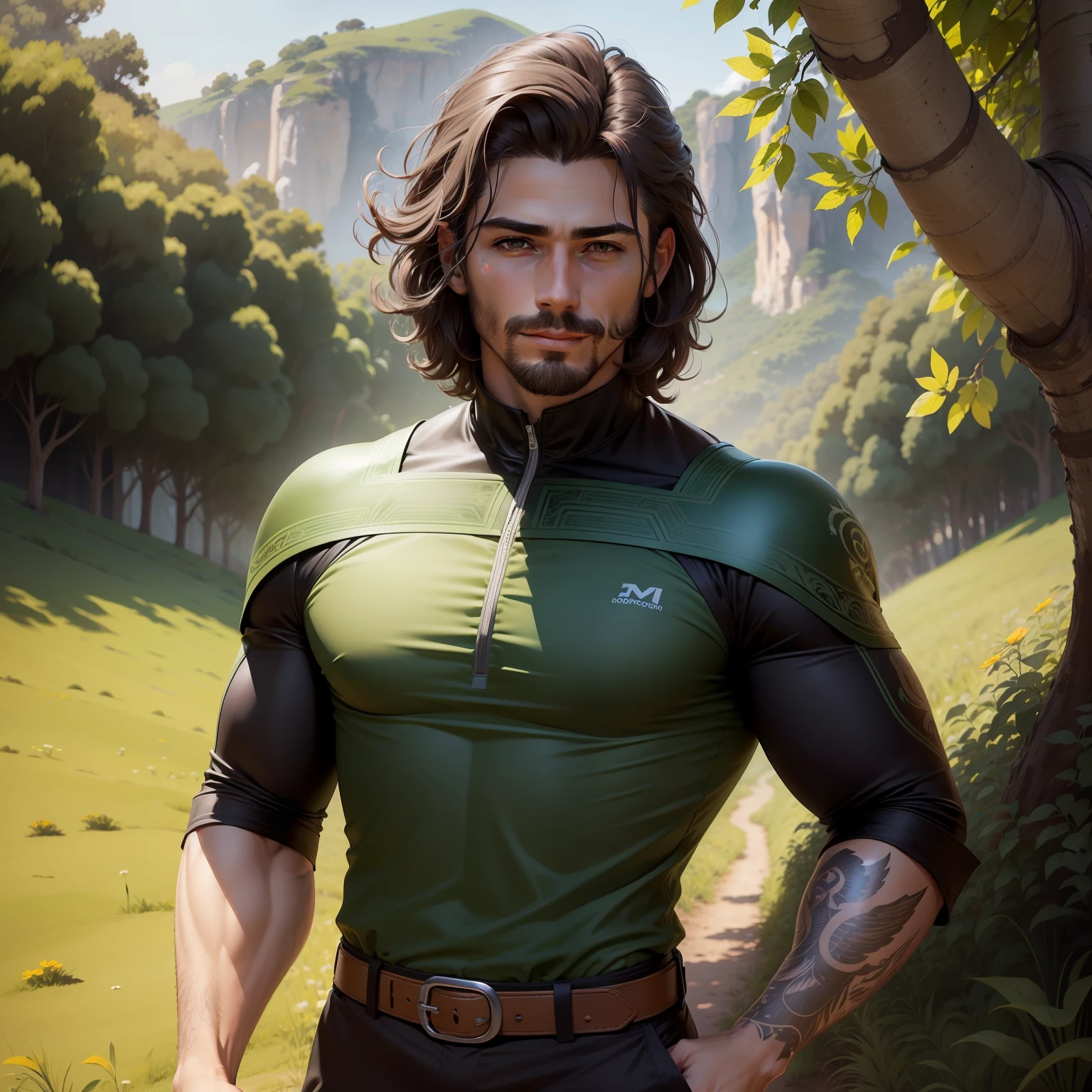 Um homem brava, com feliz, cabelo curto, cabelo preto, com roupa verde, parada no meio de um campo de gira sol. The illustration is a high definition illustration in 4K resolution with highly detailed facial features and cartoon style visuals.