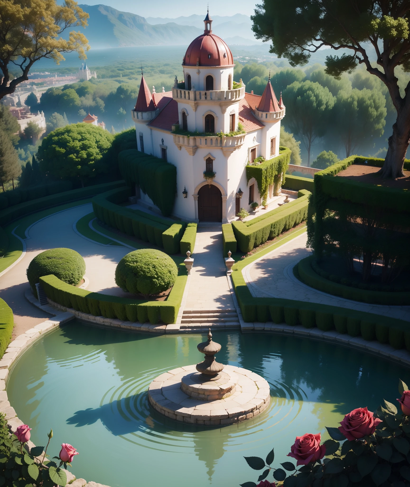 Magical rose garden, castelo encantado, hiper realista, super realista, 8K.