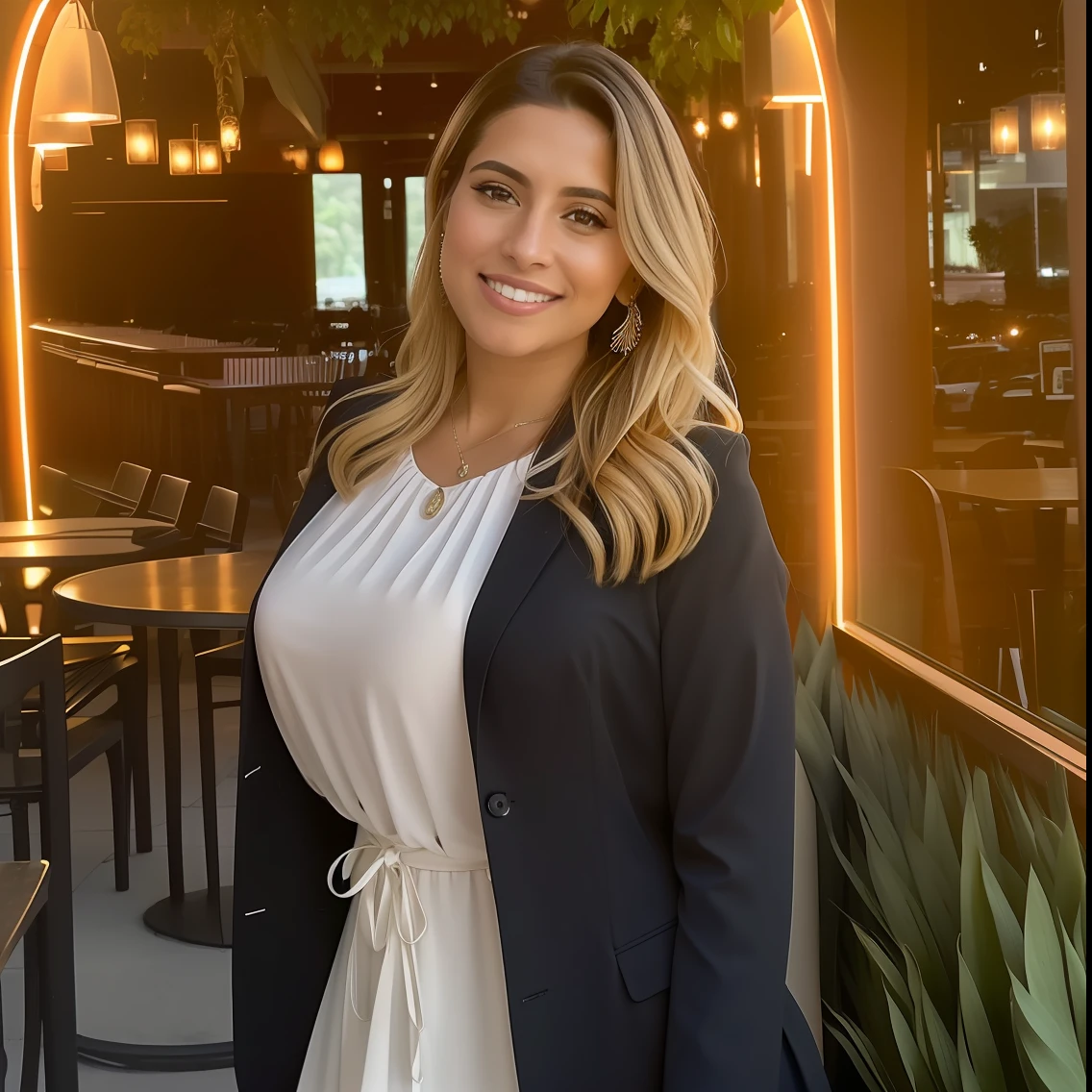 Smiling woman in a dress and blazer standing in front of a restaurant, Lorena Avarez, Valentina Embaralhamento, fernanda suarez, imagem de perfil, Caroline Gariba, imagem profissional, standing in a restaurant, julia fuentes, Karla Ortiz, Marischa Becker, taken in the early 2020s, by Gina Pellón, figura completa