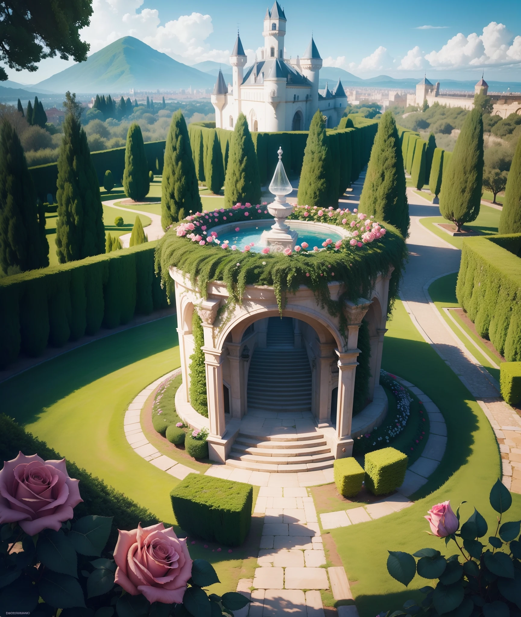 Magical rose garden, castelo encantado, hiper realista, super realista, 8K.
