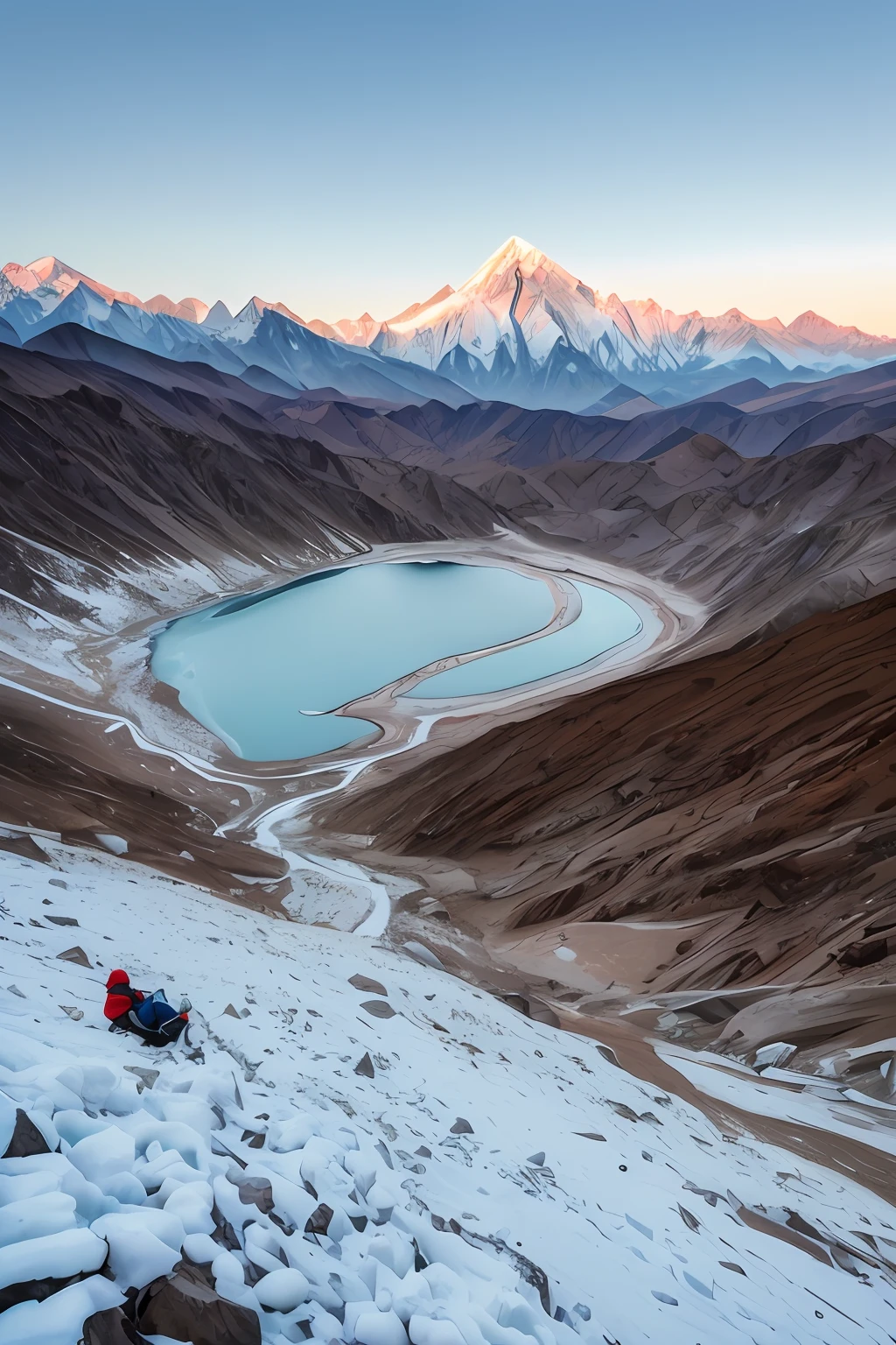 Climb the top of Mount Everest with a guide and mountain guide, In the style of the Max River, RAW photos,best qualtiy,超高分辨率,realisticlying,photograph of-realistic,32k ULTRAHD, Subod Gupta, 8K UHD,digital SLR camera,Gentle lighting,high high quality,filmgrain,Fujifilm XT3 sharp focus,F 8,high detal,Sharp focus,dramatics,(watch audience:1.2),(Natural soft light)Cold and detached atmosphere, high-angle, Range Murata --AR 8:5 --q 1 --s 750 --v 5.2