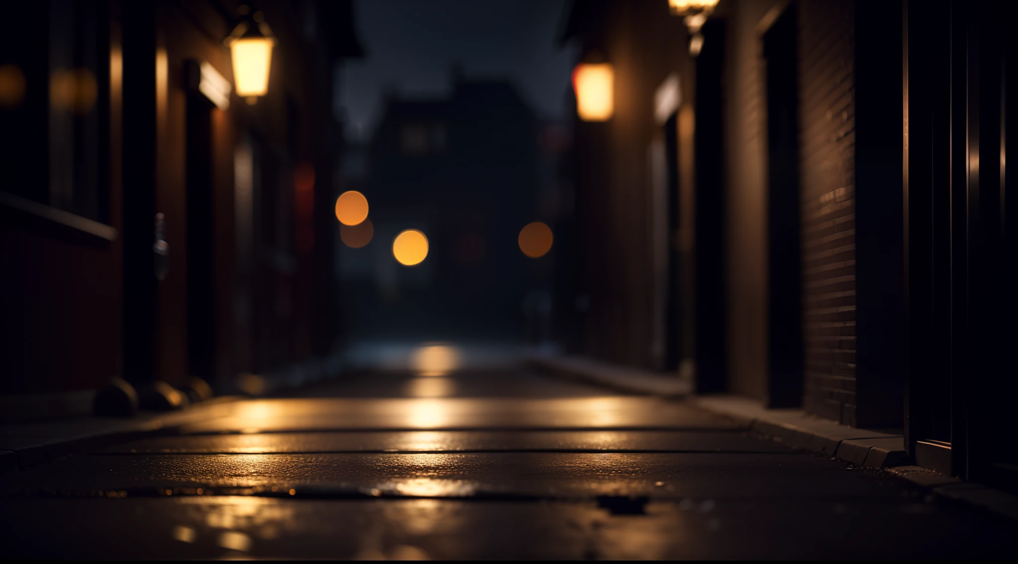 A dark street at night Blurry background with light in the background bokeh cinematic dark lighting 16k realistic and with a lot of detail