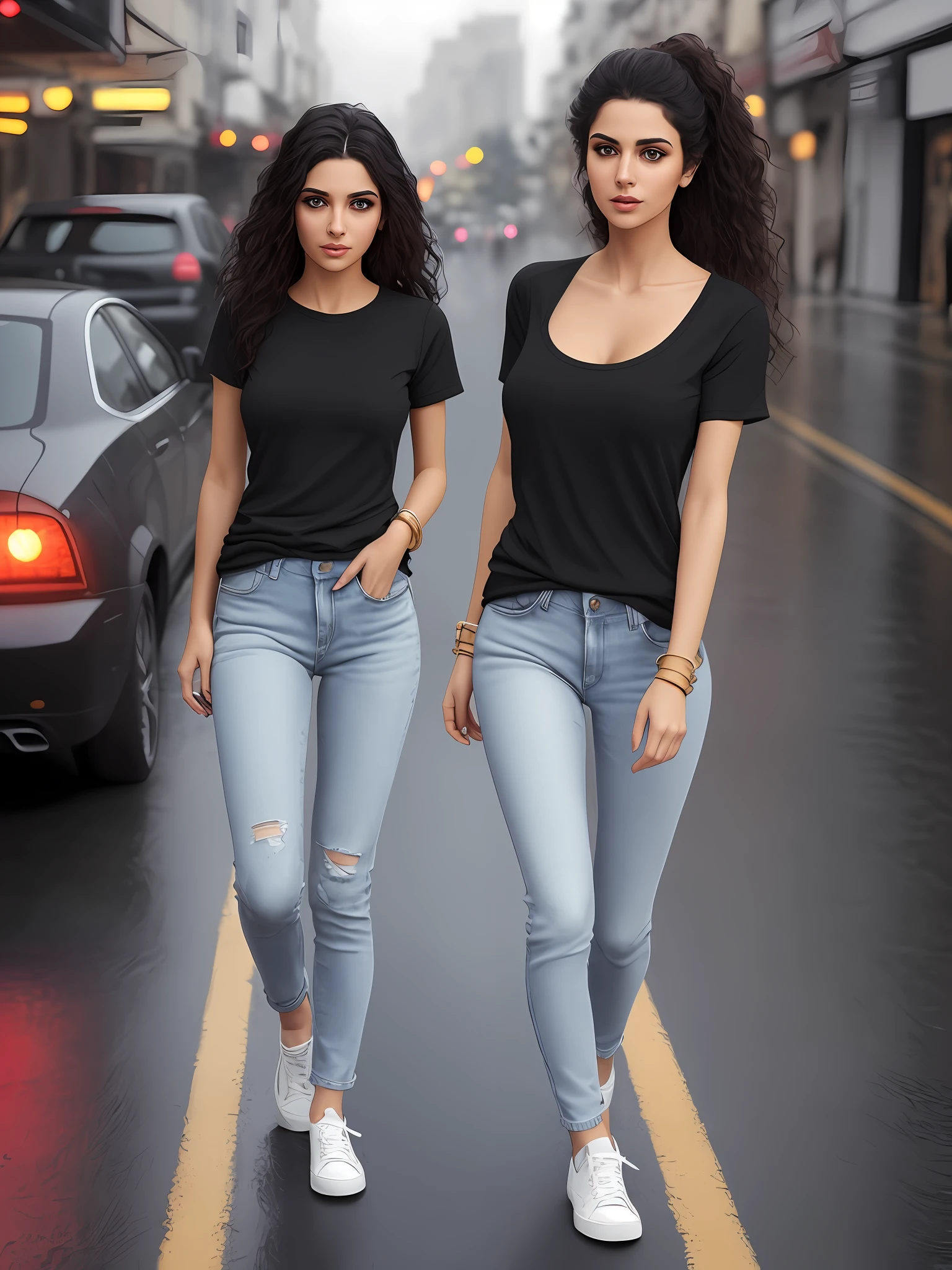 alluring stunning gorgeous posing european homeless sexy Arabian Ladies, tight jeans with rounded mack lose baggy black tee-shirt, regular fit black crew neck Tee-shirt, white plain Tee-shirt, intricate environment, very detailed background, wide busy road, building's, shop's rainy weather, cloud's, intricate texture of skin,night,late evening, cute face, sexual intention, toned legs, long length tee-shirt, short sleeves basic, black tee-shirt long length, middle eastern 27 years old fashion girl, wavy hairstyle, very detailed eye's, very detailed nose and lips, detailed hands and fingers, perfact firm and toned body, perfact legs and hips, medium breasts, bouncy breasts, white sneakers, walking style middle eastern beautiful girl, carrying leather hand bags, wearing gold bracelet, golden watch, wet road, after rain atmosphere, car's headlights on, UHD, 4k, Cinematic.