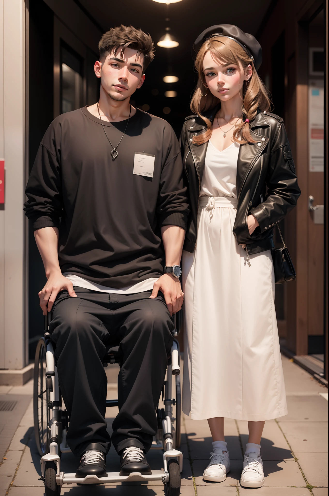 create a boy in a wheelchair and his girlfriend standing next to him