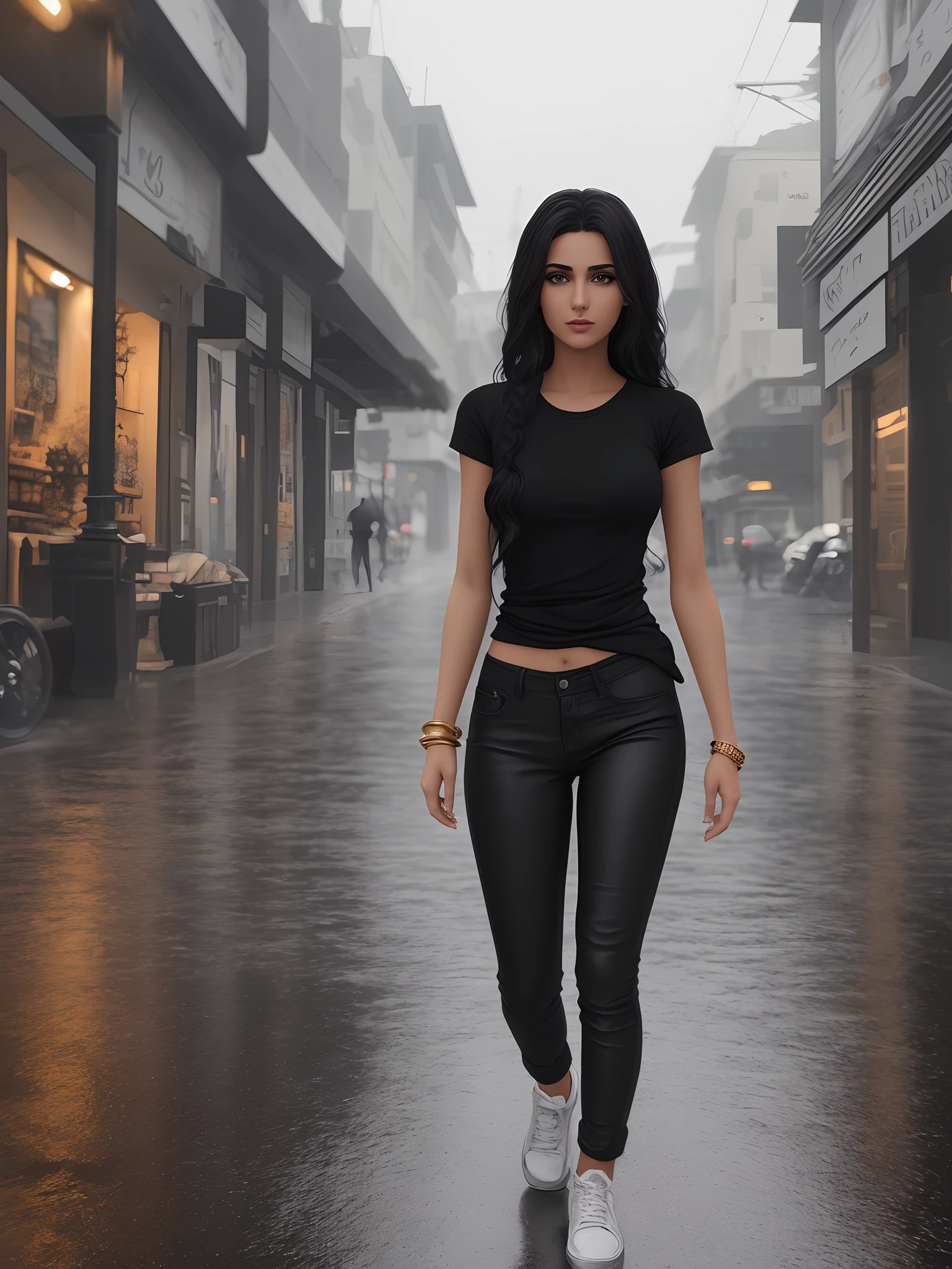 alluring stunning gorgeous posing european homeless sexy Arabian Ladies, tight jeans with rounded mack lose baggy black tee-shirt, regular fit black crew neck Tee-shirt, white plain Tee-shirt, intricate environment, very detailed background, wide busy road, building's, shop's rainy weather, cloud's, intricate texture of skin,night,late evening, cute face, sexual intention, toned legs, long length tee-shirt, short sleeves basic, black tee-shirt long length, middle eastern 27 years old fashion girl, wavy hairstyle, very detailed eye's, very detailed nose and lips, detailed hands and fingers, perfact firm and toned body, perfact legs and hips, medium breasts, bouncy breasts, white sneakers, walking style middle eastern beautiful girl, carrying leather hand bags, wearing gold bracelet, golden watch, wet road, after rain atmosphere, car's headlights on, UHD, 4k, Cinematic.