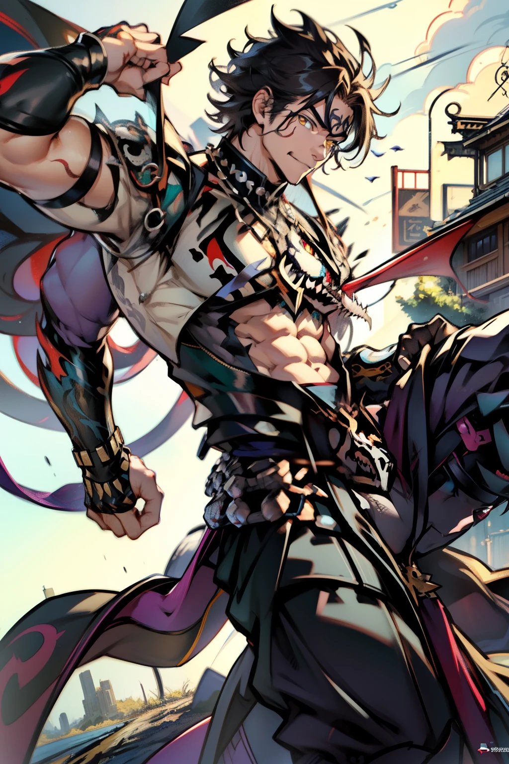 《the original god》Arataki Kazuto , male people,,((Masterpiece)), ((Best quality)), Ultra detailed,((illustration)), Dynamic Angle, Detailed light, (Delicate eyes), Floating, 1boy, Male focus, Head, Clothing, Yellow eyes, necklace, tattoo, (Forehead:0.8), (ahoge:0.8), jewelry, apathy,Ray, chest muscle, Sexy , Venom symbiote for your body, Black mucus of the body , (into venom), Venom,frontage,style of anime4 K, 4K anime wallpaper, Badass anime 8 K, 4 k comic wallpaper, young anime man, Anime boys, Anime wallpapers 4 k, Anime wallpaper 4K, High quality anime art style, Anime moe art style, Anime art wallpaper 8 K, Anime art wallpaper 4 K, RGB lighting