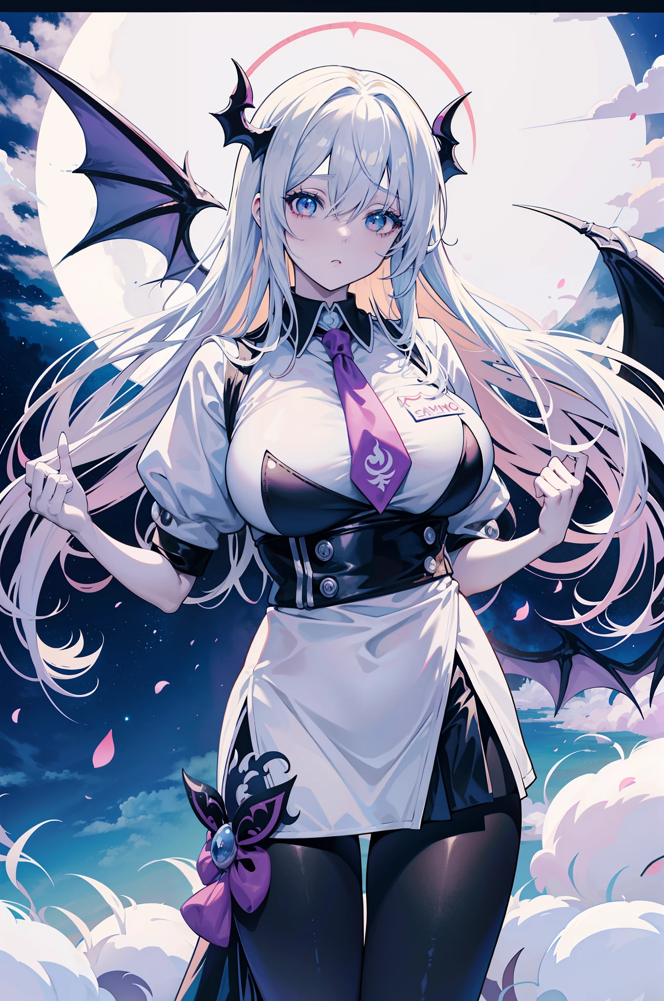 Chica anime con cuernos y una falda y una camisa blanca, Chica de anime demonio, Chica monstruo de anime, colas gemelas blancas_guantes, Anime Moe Artstyle, Mika Kam Demonio, splash art anime loli, Un azul ) and huge bat wings, Chica demonio, REM REZERO, kantai collection style
