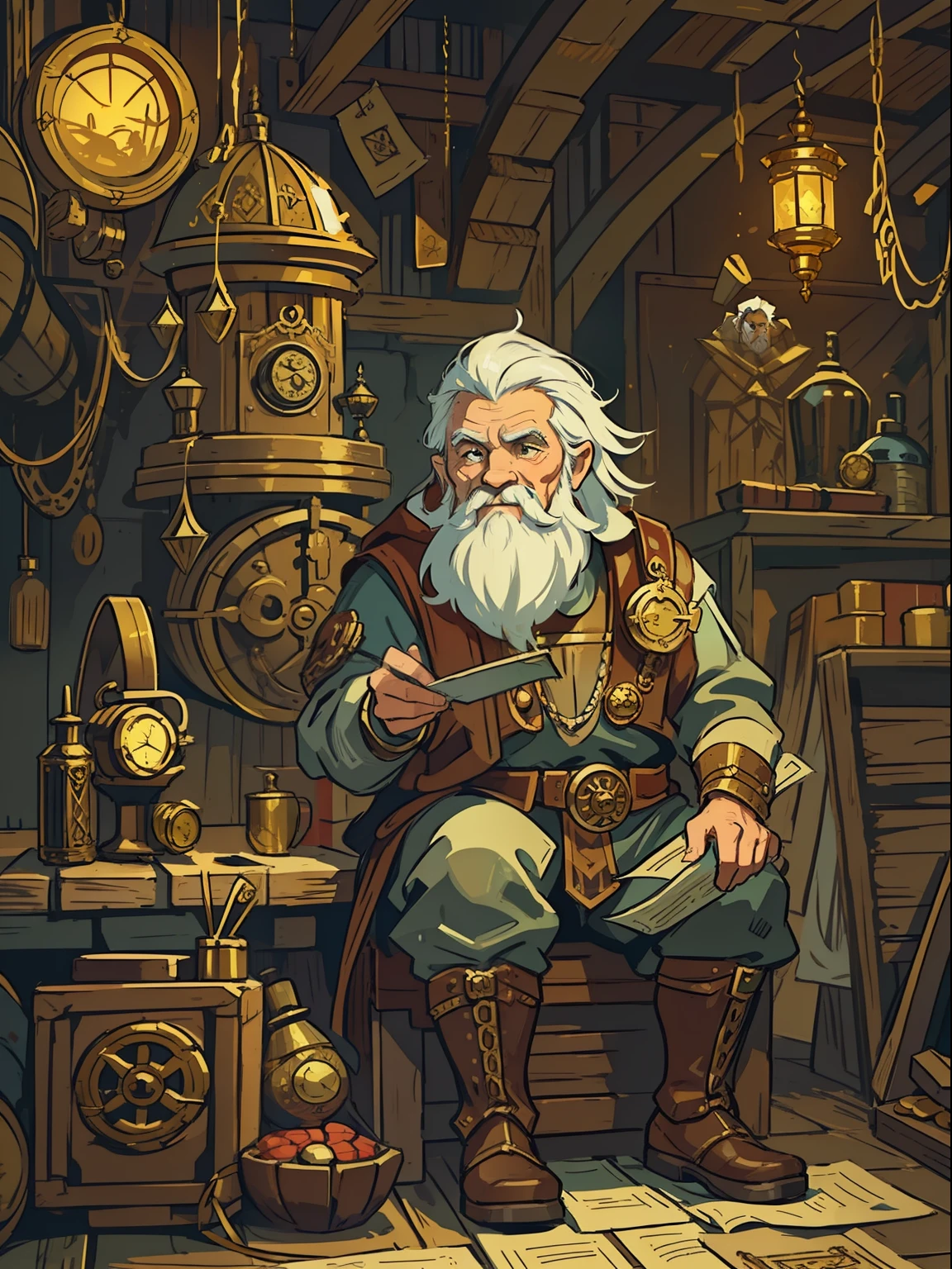 an old man and small as a white-haired dwarf steampunk style he is a medieval craftsman as an inventor he is in a large temple filled with gold and various papers and scrolls creating a magical artifact medieval magic technology portray with creativity steampunk he wears a nautical diver costume RPG character RPG character illustration rpg art rpg game art art medieval art rpg medieval art
