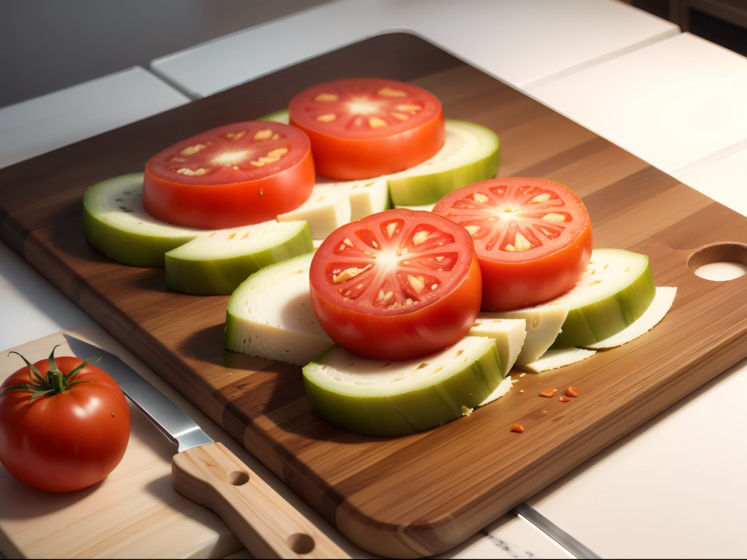 Sliced tomato for sandwich on cutting board