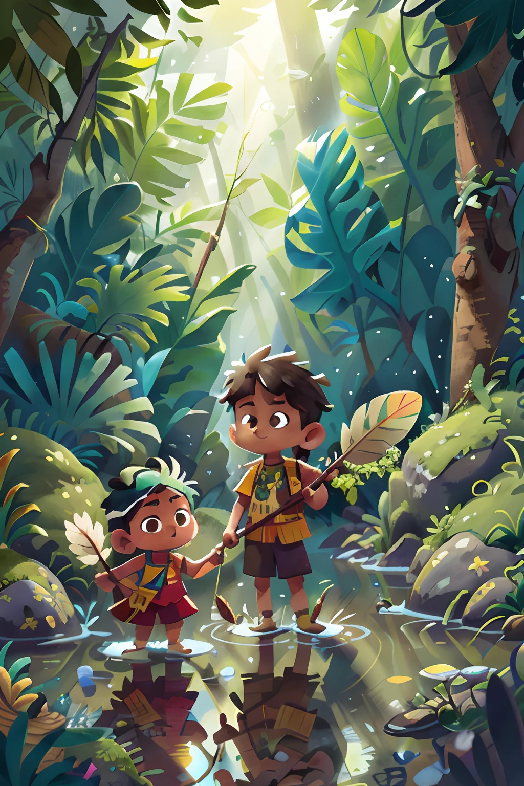 Poster design, (SFW), a Brazilian Indian girl and a Brazilian Indian boy, corpos despidos, feathers on head, indigenous clothing,  paddling in a deep canoe is a small river interspersed in the forest, qualidade perfeita, foco claro, colorido, rosto perfeito, detalhes intrincados, angle of view ultra-low, lente grande angular