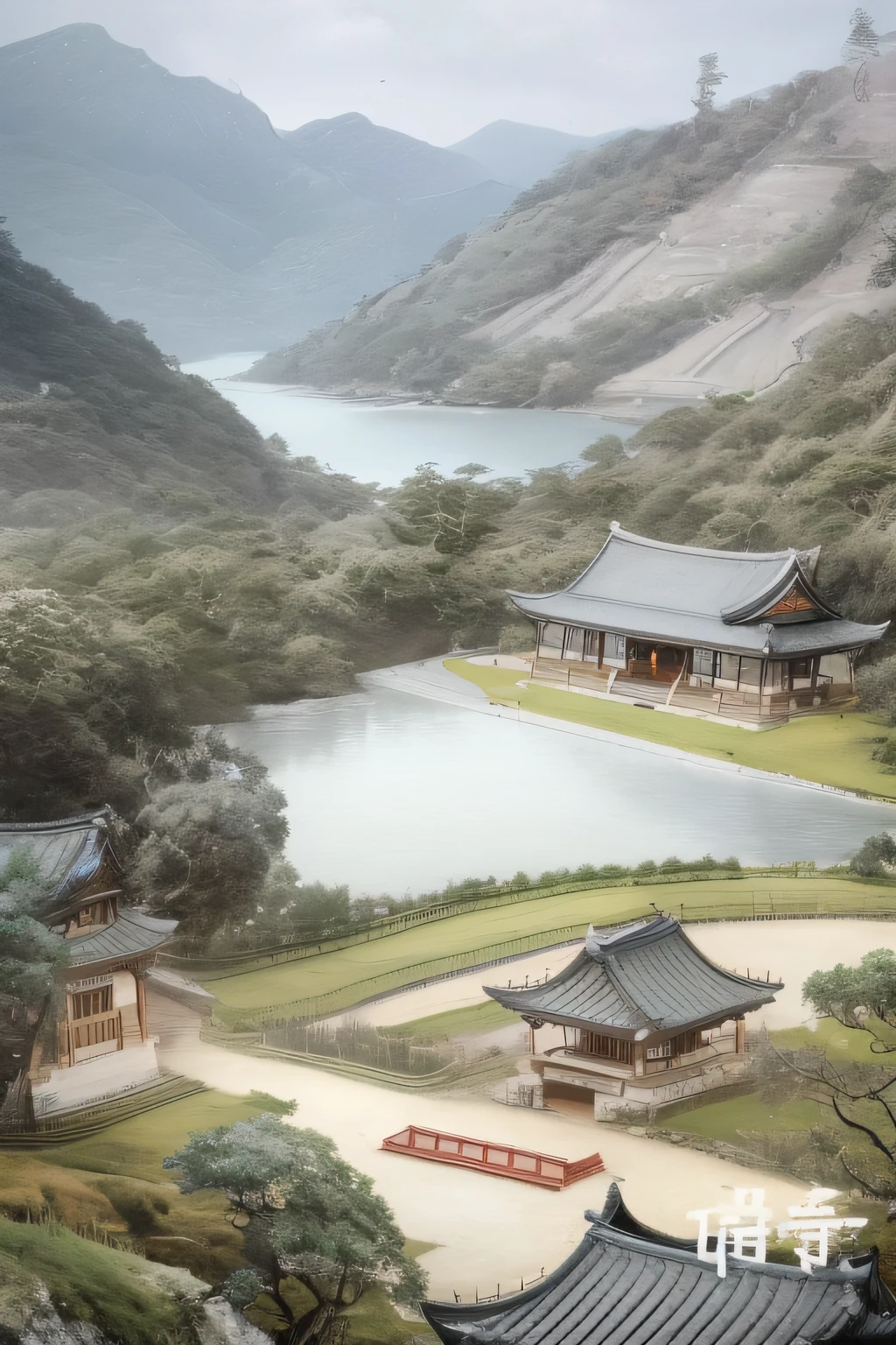 um close up de uma pintura de uma montanha com um lago, Directed by: Yun Du-seo, por Ma Yuanyu, inspired by Shūbun Tenshō, by Sesshū Tōyō, Directed by: Liu Haisu, inspired by Sesshū Tōyō, Directed by: Yang Borun, inspirado por Kim Hong-do