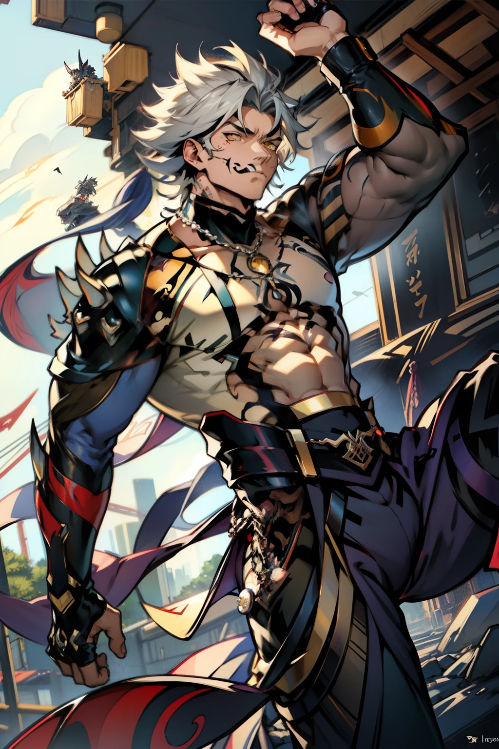 tightsuit,《the original god》Arataki Kazuto , male people,,((Masterpiece)), ((Best quality)), Ultra detailed,((illustration)), Dynamic Angle, Detailed light, (Delicate eyes), Floating, 1boy, Male focus, Head, Clothing, Yellow eyes, necklace, tattoo, (Forehead:0.8), (ahoge:0.8), jewelry, apathy,Ray, chest muscle, Sexy , Venom symbiote for your body, Black mucus of the body , (into venom), Venom,frontage,style of anime4 K, 4K anime wallpaper, Badass anime 8 K, 4 k comic wallpaper, young anime man, Anime boys, Anime wallpapers 4 k, Anime wallpaper 4K, High quality anime art style, Anime moe art style, Anime art wallpaper 8 K, Anime art wallpaper 4 K, RGB lighting