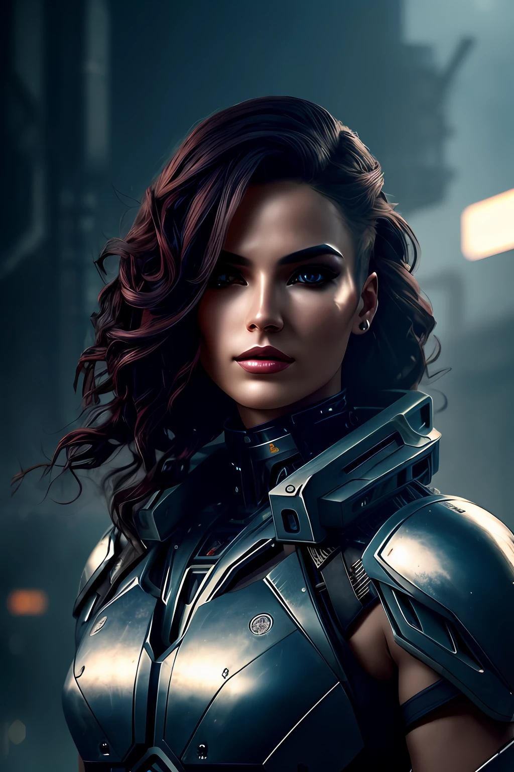 a beautiful woman cyborg warrior in the Style-RustMagic, cyberpunk augmentation, cyberware, cyborg, carbon fiber, chrome, implants, metal skull, cyber plate armor, (dark atmosphere:1.2), (fog & smoke), (dark night:1.3), scars, (dark medium length disheveled hair:1.1), (eyeshadow:1.1), (beautifully detailed glow:1.2), (Cinematic lighting), intricate detail, highres, rounded eyes, detailed facial features, sharp focus, smooth, aesthetic, detailed dark industrial factory background, stylish pose, dynamic pose, (dramapaint), (opt-6000:0.9)