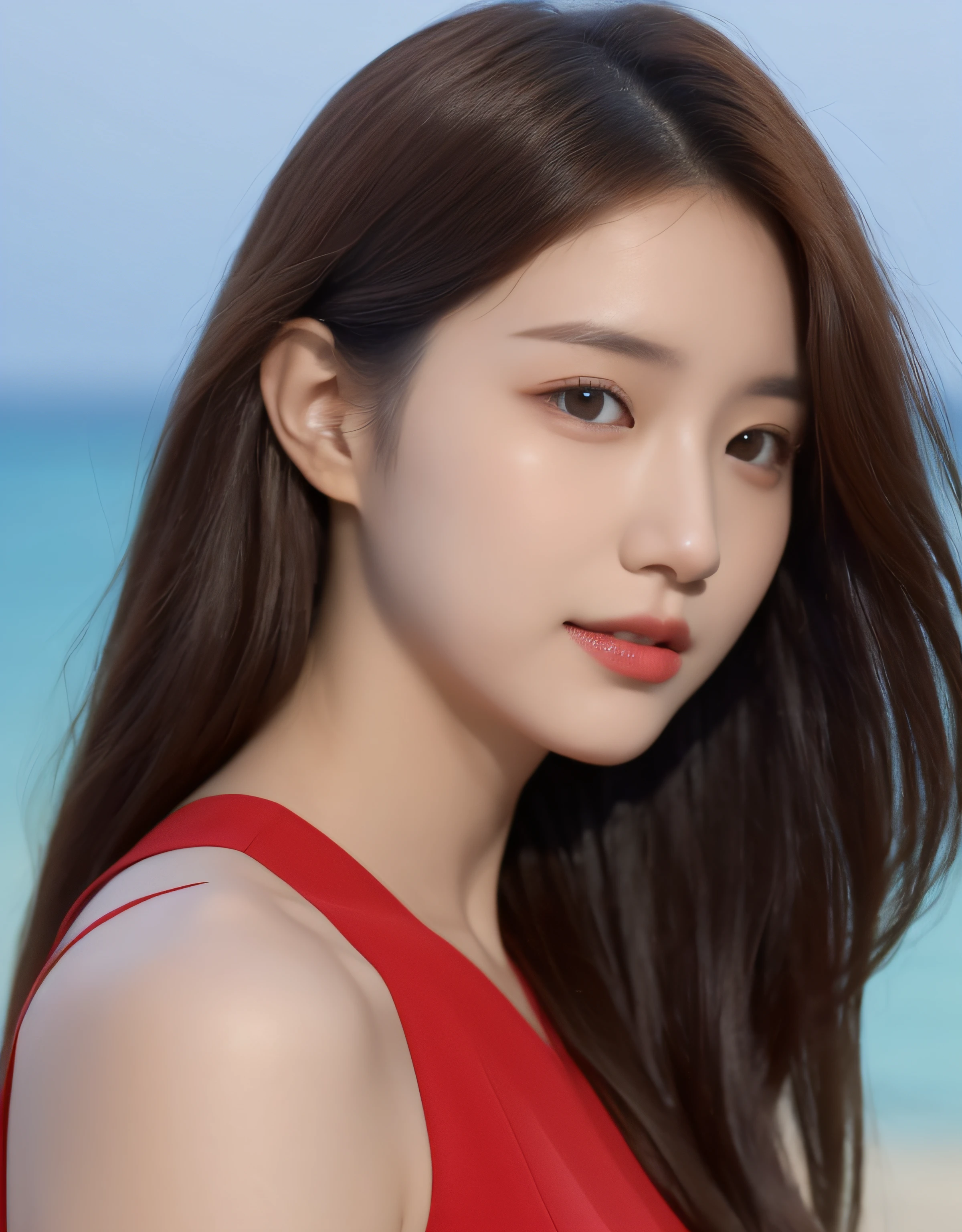 (Daytime, Excellent, 8K, Masterpiece:1.3)), Full body, Long legs, Focal length: 1.2, Perfect Body Beauty: 1.4, Slim Abs: 1.1, ((Dark Brown Hair, Big Breasts: 1.2 )), (Red Dress, Standing: 1.2), ((Sea, noon: 1.3)), Highly detailed face and skin texture, Detailed eyes, Double eyelids, Flying long hair