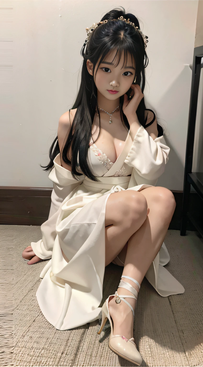 Master quality, highest quality, best picture quality, exaggerated details, goddess of moonlight cute 9  asian little gth a shy expression, slightly squinted eyes, adjusting her hair, long eyelashes (long hair / very, very exaggerated big breasts, big tits / in  petticoat dress tissue,  ), posing sit in front of the camera, wet breast hanfu  open v chest clothes, full body xianxia, high heel diamond, erotic