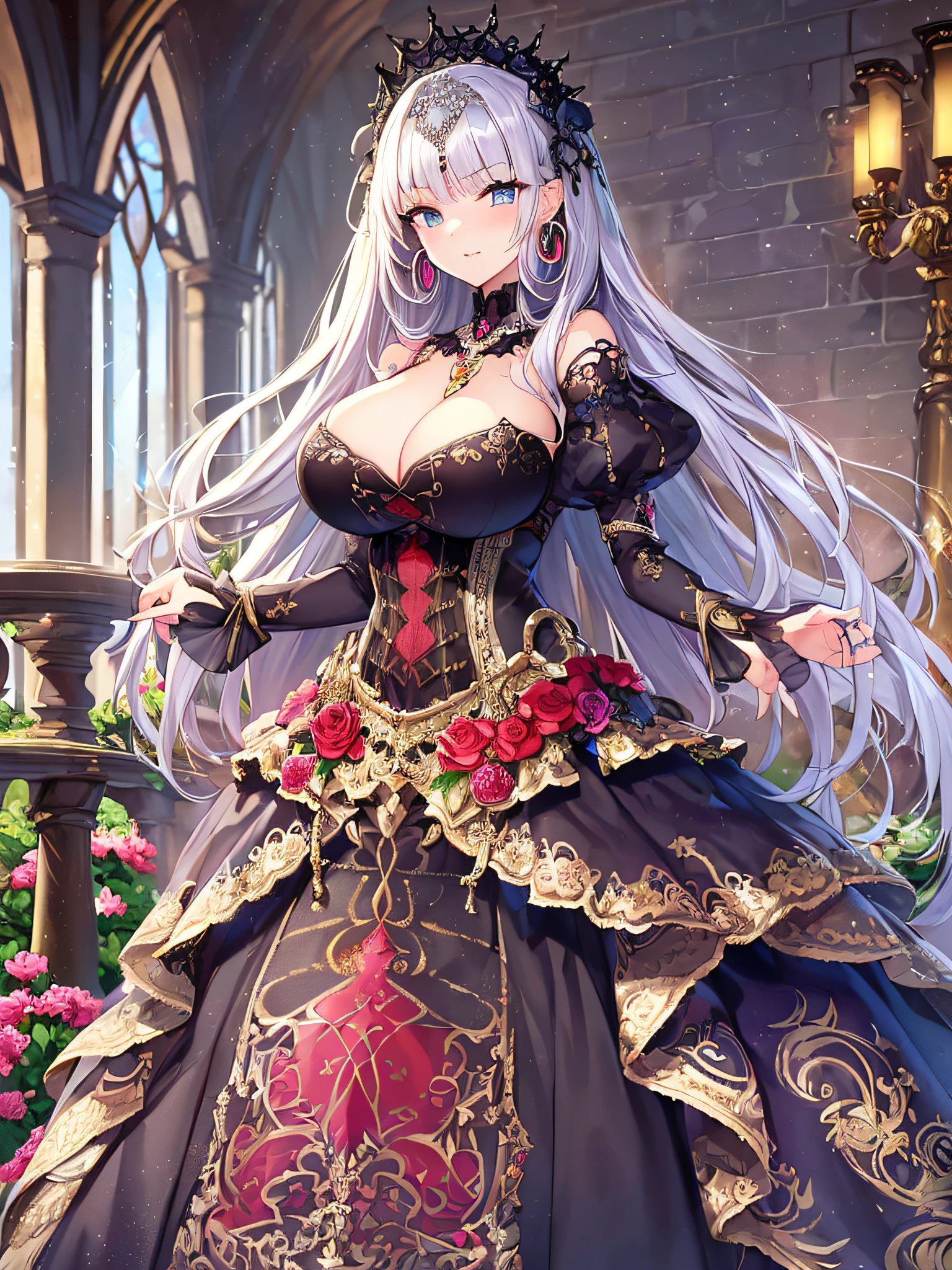 ((anime artstyle)),(Masterpiece),(Best Quality), (Super Detail),((Very Delicate and Beautiful)),(((Solo))),((full body)),(((1 girl in beautiful embroidery and jeweled gorgeous gothic dress with voluminous full length hoop skirt))),Long train,crinoline,(gorgeous gemstone jewelry),detailed face and eyes,jewel-like eyes,((extremely voluminous Very Long Hair,Straight Hair)),((gigantic tits,Long tits)),(gorgeousfull embroidery and lace),gorgeous corsage,See-through,extremely gorgeousfull hair ornament,bling-bling extremely gorgeousfull jeweled tiara,ornate ruffles,((Dynamic Angle)),Looking at viewer,outdoor,((beautiful detailed garden)),beautiful blooming flowers,((full body)),((beautiful embroidery and jeweled extremely gorgeous gothic dress with voluminous full length hoop skirt))