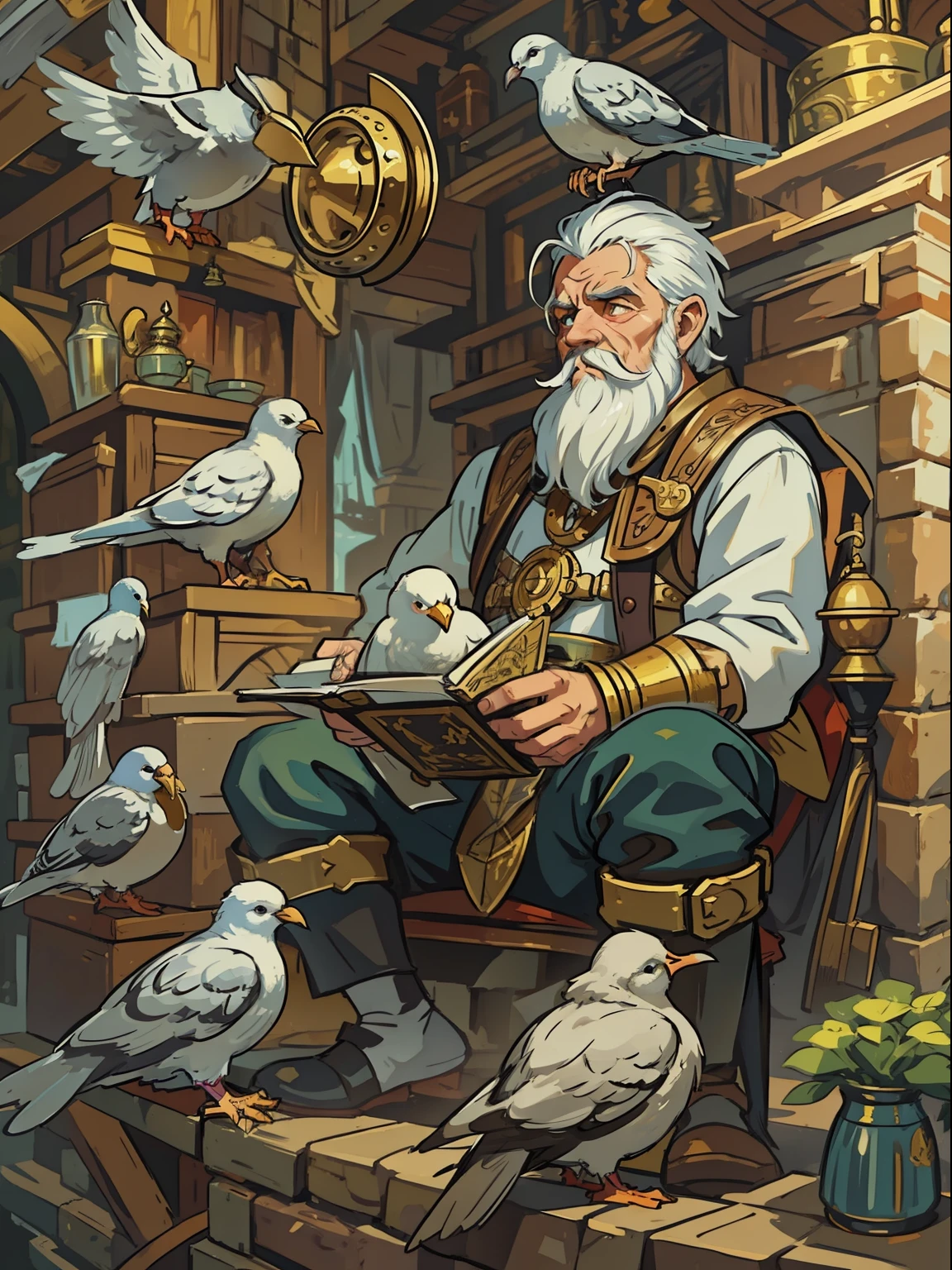 an old and small man a white-haired dwarf steampunk style he is a medieval craftsman as an inventor he is in a large temple full of gold and various papers and scrolls creating a magical artifact medieval magic technology portray with steampunk creativity he wears a nautical diver costume RPG character character illustration rpg art rpg art game medieval art medieval art he is surrounded by birds various pigeons in a kind of mail and several homing pigeons