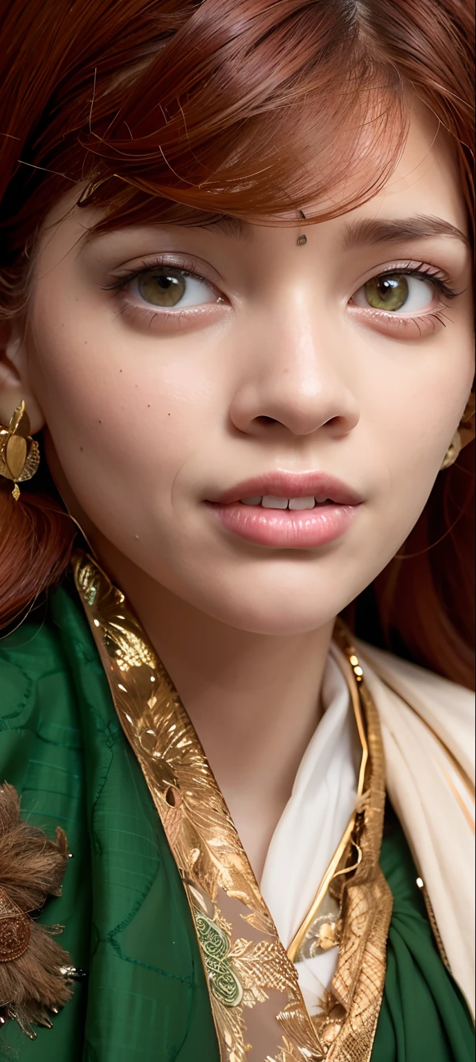 there is a woman with a red hair and a green scarf, young woman's face, closeup of face, closeup on face, closeup shot of face, close up of face, photo of a woman, face closeup, closeup face, young female face, close - up on face, photo of young woman, close up face, closeup portrait shot, indian girl with brown skin