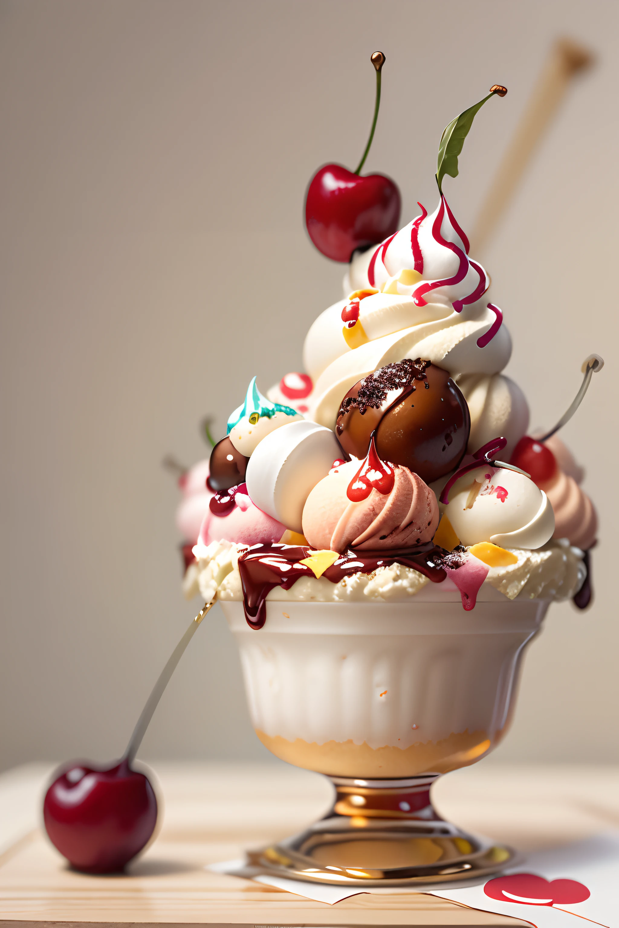 Very detailed Delicious Ice cream sundae with a whole cherry and stem on top