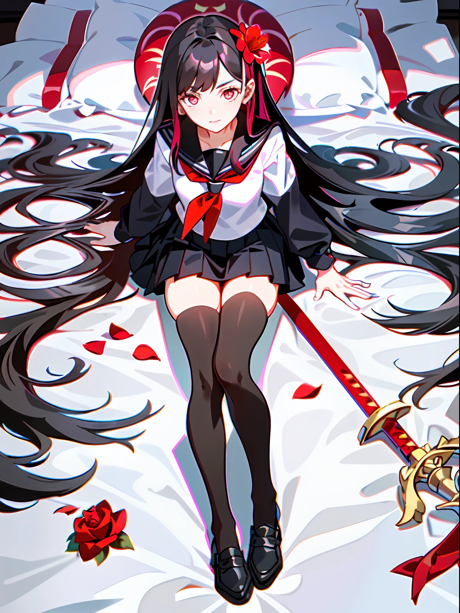 upper body, camellia, flower, red_flower, red_rose, rose, sword, weapon, katana, 1girl, pink_rose, pink_flower, spider_lily, shoes, long_hair, school_uniform, serafuku, sheath, skirt, solo, holding_sword, sheathed, vase, looking_at_viewer, sitting, orange_flower, pleated_skirt, rose_petals, black_shirt, black_legwear, black_skirt, holding_sheath, hibiscus, very_long_hair, parted_lips, loafers, sailor_collar, black_hair, neckerchief,