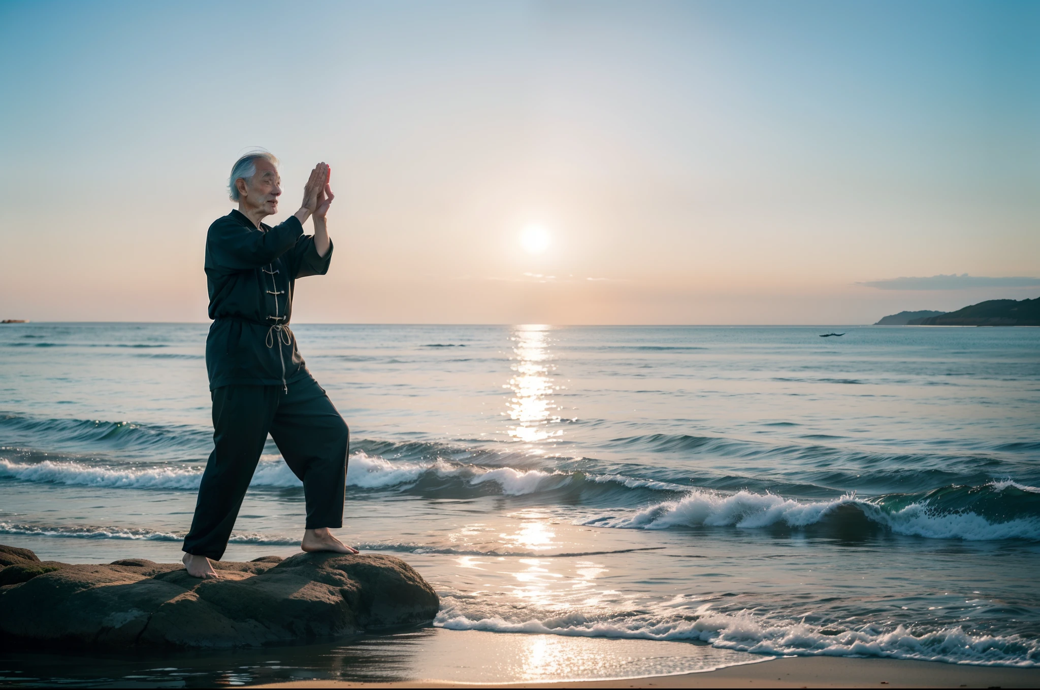 An elderly man practicing tai chi quietly by the sea at sunrise. He has a serene expression of concentration and balance. Ao seu redor, Elements that represent healthy habits motivated by ikigai: A balanced diet with fish, vegetables and green tea; outdoor physical activity; Connection with nature. O sol nascente traz luz dourada, symbolizing the hope and meaning brought by ikigai to fully enjoy each new day with health and vitality. HDR 4k