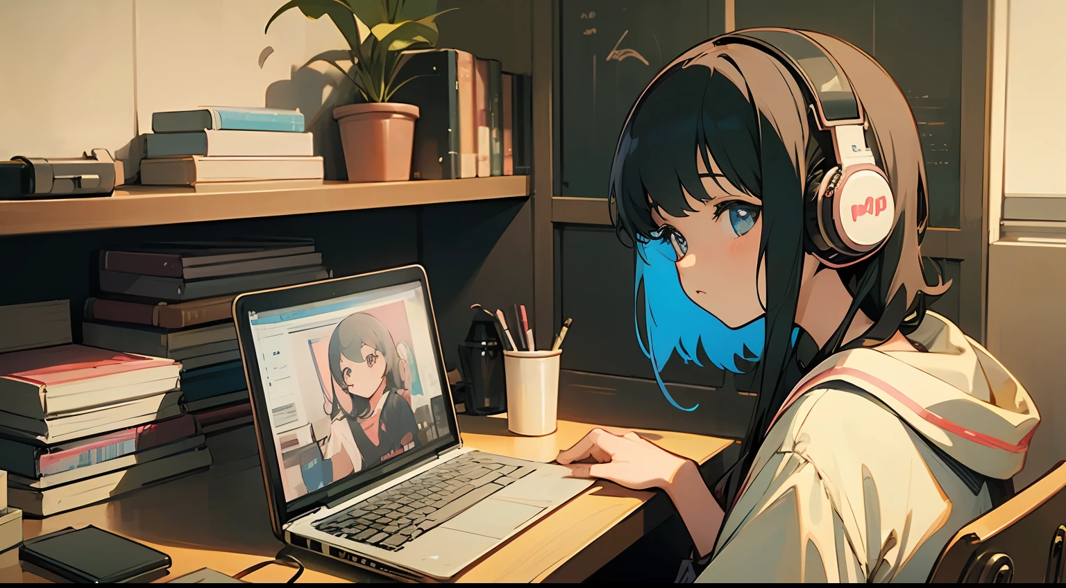 Schools、Anime girl with headphones sitting on laptop table, lofi-girl, lofi artstyle, lofi art, lofi vibes, lofi feel, lofi hip hop, lofi, chillhop, lofi girl aesthetic, lofi portrait, Lofivibe, lofi color, anime vibes, The aesthetics of the lofi