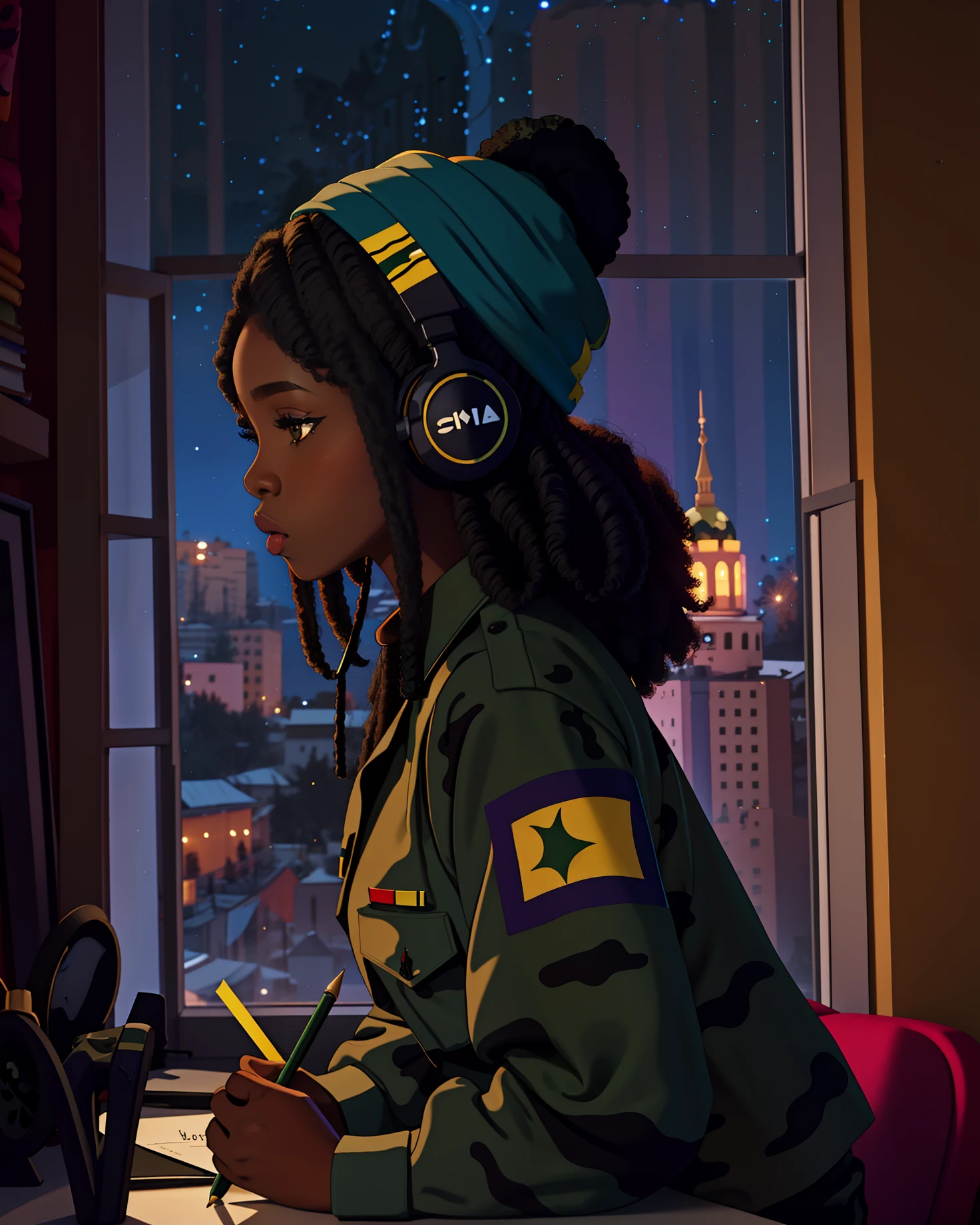 lofistudy, 1girl, writing, from side,ghanian girl, afro hair, long hair, headphones, beanie, camouflage uniform, window, ukraine background, night, ebony skin, ghana flag on uniform