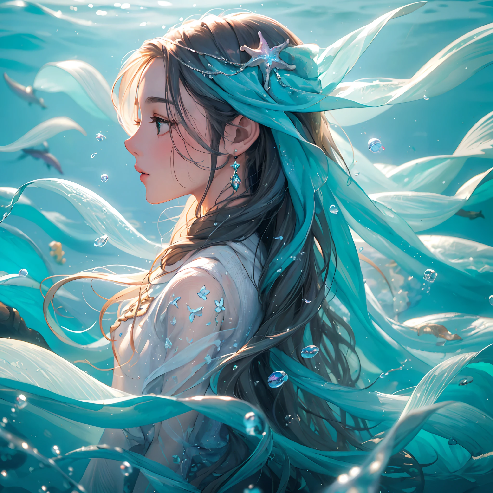 1 woman, masterpiece, best quality, detailed background, solo, portrait, detailed pretty face, feminine female, long hair, floating, hoodie, seafloor, star light, sea grass, colorful jellyfish, five heads tall, depth of field, profile picture, dolphins, pretty, under the sea, standing in water, disney style