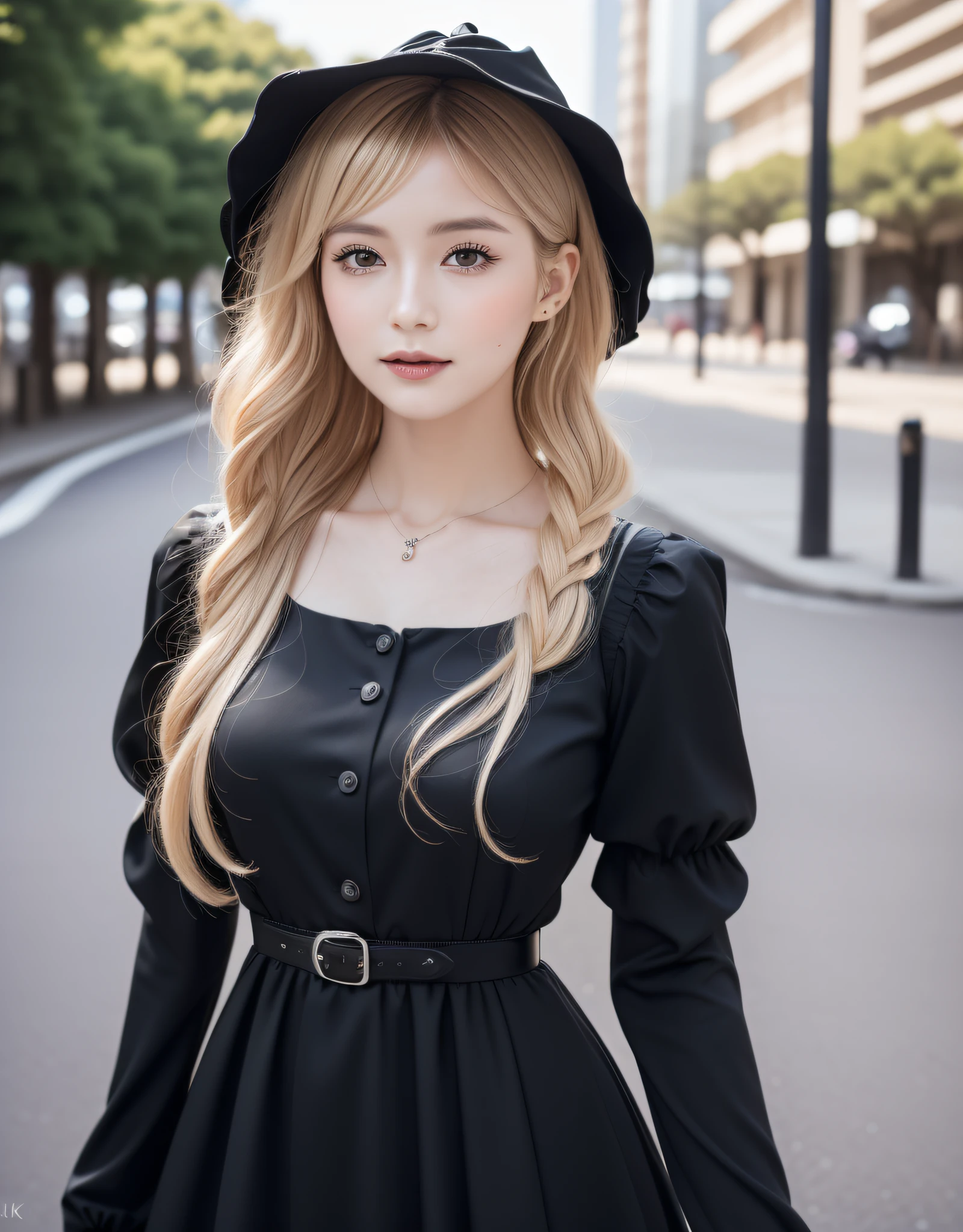 best quality, white skin, real human skin, (detailed face), oval face, pores, ultra high res, (8k, RAW photo, photorealistic:1.4), BREAK, 1girl, slim, (large-breast:1.37, cleavage), (looking straight at viewer with a serene and goddess-like happiness:1.2, light smile:1.15, happy, :1.15, stylish model posing:1.3, standing:1.37, arms behind back:1.37), (lifter gloss, eyelashes, gloss-face, best quality, ultra highres, Broad lighting, natural shading), lovely look, shiny-blonde twin-tails hair:1.37, (detailed black gothic lolita dress:1.3), cityscape, fashion street venue, burry background, bokeh, depth of field, (cowboy shot:1.3), centered image, perfect anatomy, perfect proportion,
