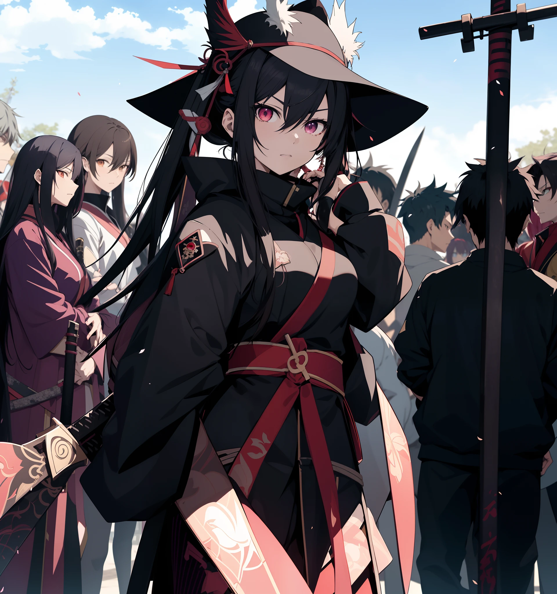 anime character with a hat and a sword in front of a group of people, inspired by Li Shida, katanas strapped to her back, anime style like fate/stay night, akali, female anime character, mai yoneyama, shuushuu anime image, okata kazuto, as an anime character, gapmoe yandere, black - haired mage