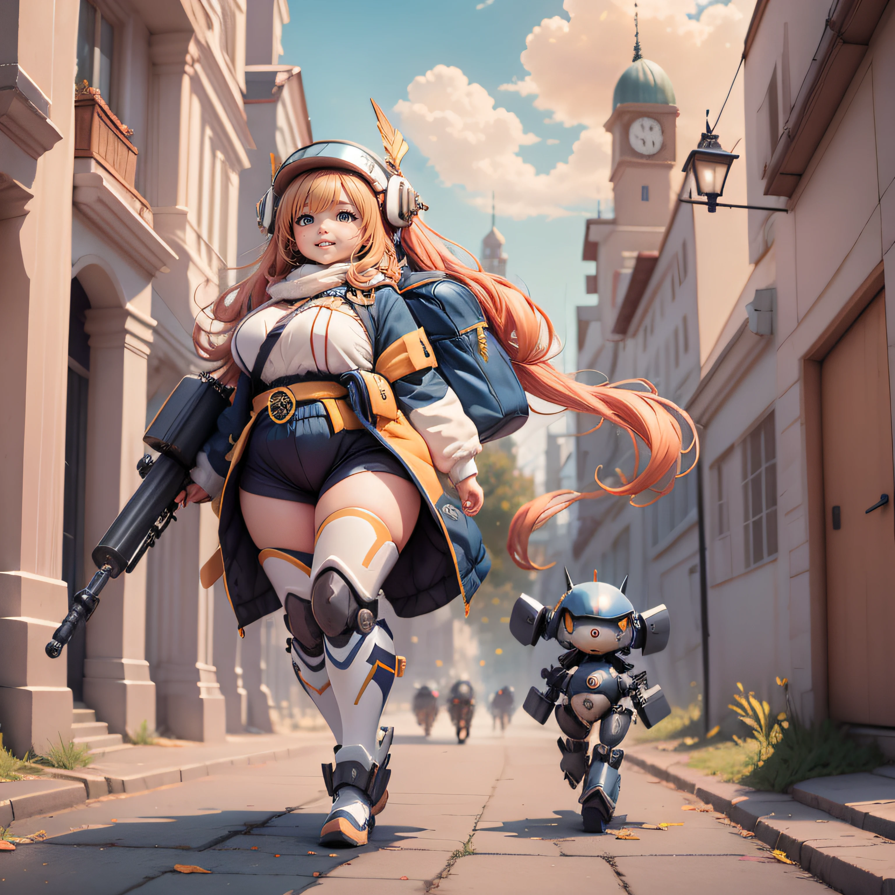 A chubby girl，Full body mecha，Wear a helmet on your head，Bring food，Carry cannons，delicated，the detail，k hd，high high quality，Run，Hold pets，full body concept，ssmile