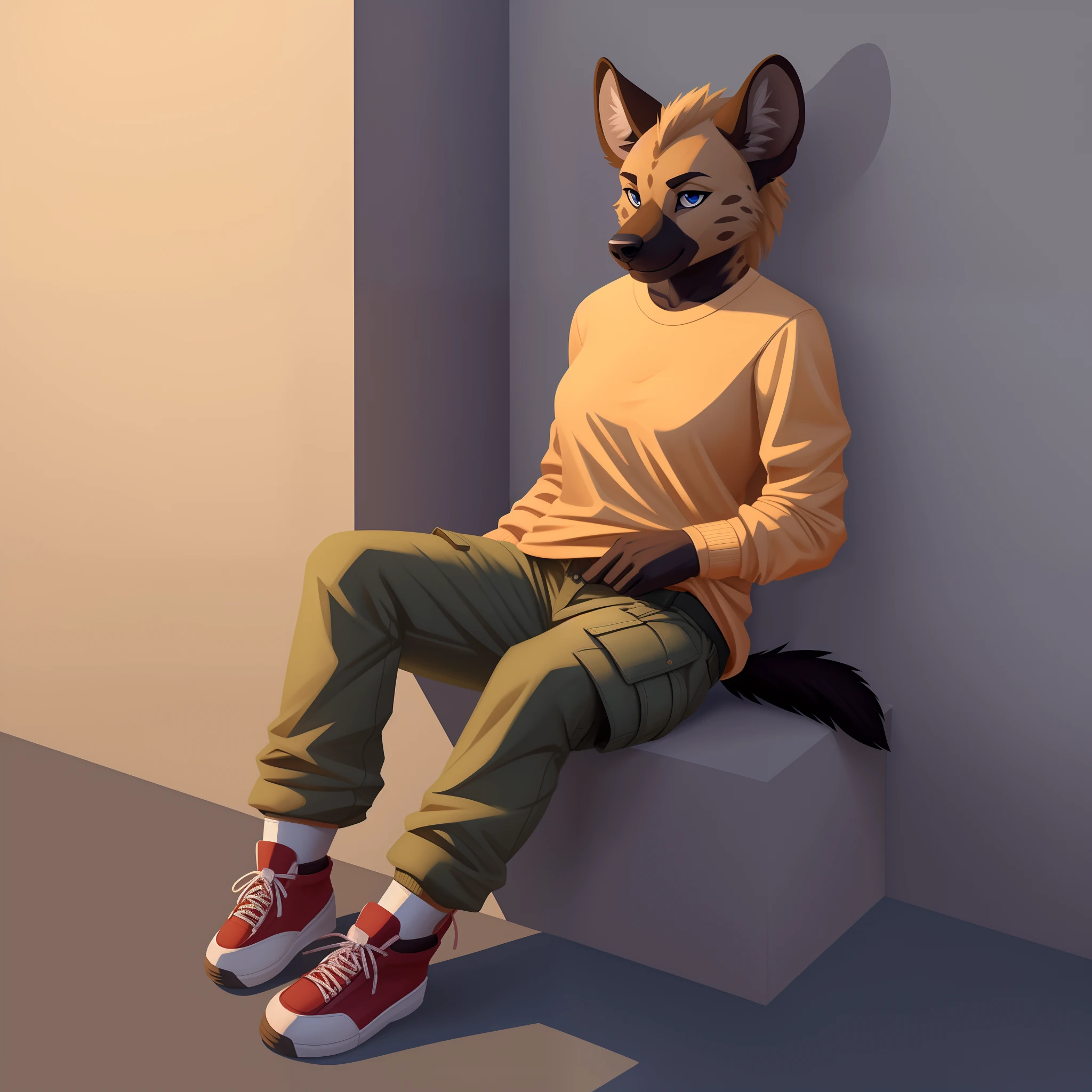 Zachary post, posted on e621, furry body, Hyena {{Female} Sitting}, Furry art, Wearing a long sleeves shirt, Wearing cargo pants, Wearing shoes, Full Body, Solo, uncropped, One leg lift up, Hands on thighs