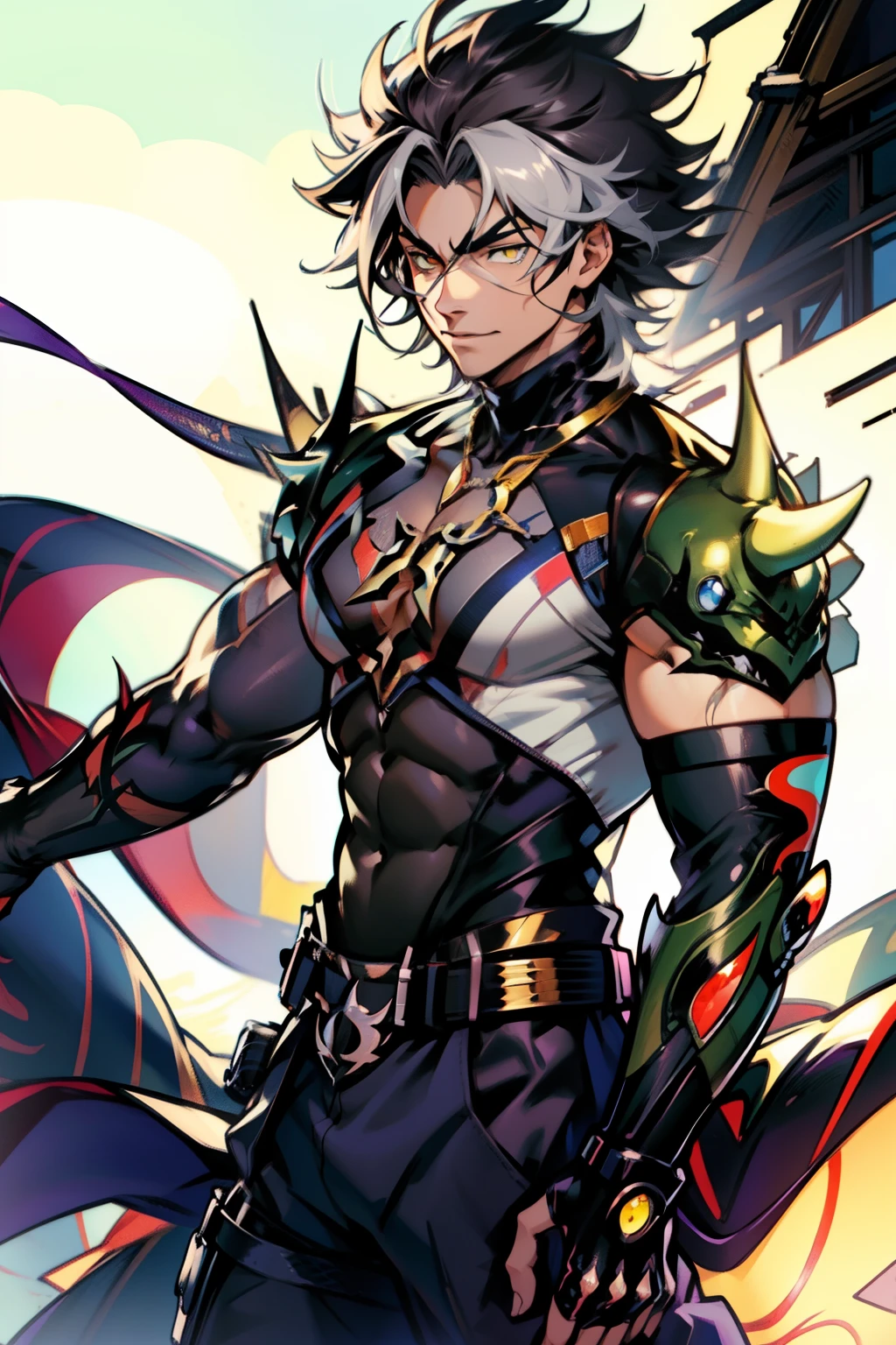 《the original god》Arataki Kazuto , male people,,((Masterpiece)), ((Best quality)), Ultra detailed,((illustration)), Dynamic Angle, Detailed light, (Delicate eyes), Floating, 1boy, Male focus, Head, Clothing, Yellow eyes, necklace, tattoo, (Forehead:0.8), (ahoge:0.8), jewelry, apathy,Ray, chest muscle, Sexy , Venom symbiote for your body, Black mucus of the body , (into venom), Venom,frontage,style of anime4 K, 4K anime wallpaper, Badass anime 8 K, 4 k comic wallpaper, young anime man, Anime boys, Anime wallpapers 4 k, Anime wallpaper 4K, High quality anime art style, Anime moe art style, Anime art wallpaper 8 K, Anime art wallpaper 4 K, RGB lighting