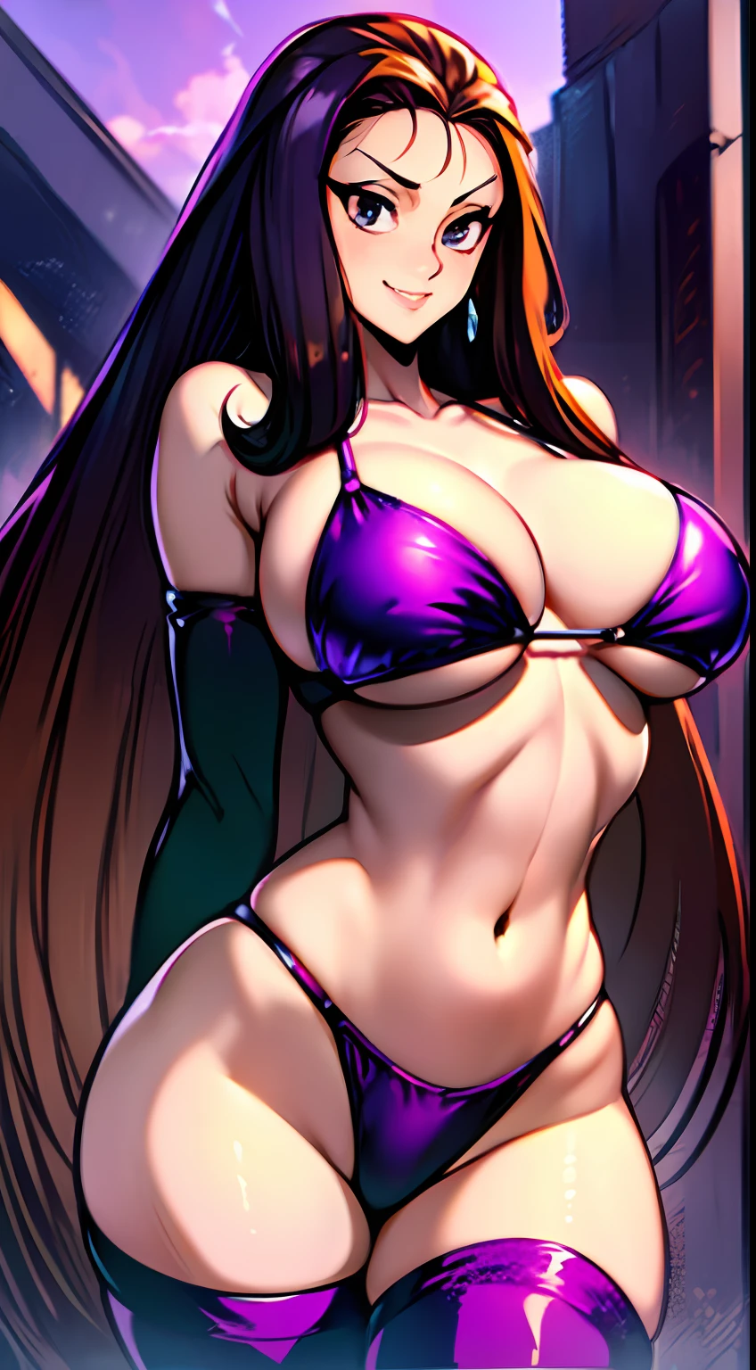 ((masterpiece)), ((best quality)), ultra detailed, detailed background, extreme large breast, long hair, highest details, sexy, focus, Alluring, long legs, hentai style, sensual smile, erotic, erotic body, sexually suggestive, hentai body, sensual pose, naughty face, aroused body,  purple bikini on a beautiful beach, brigth colors