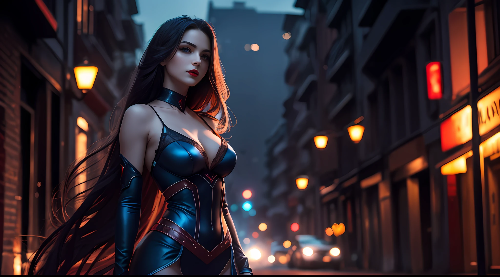 Mulher sensual, Half-body plane without cutting the arms, Pose sexy, red lips with vampire vibrations long hair, She is alone in a dark street blue hour with very feminine background light warrior cinematic clothes bokeh realistic and detailed background dark lighting 16k