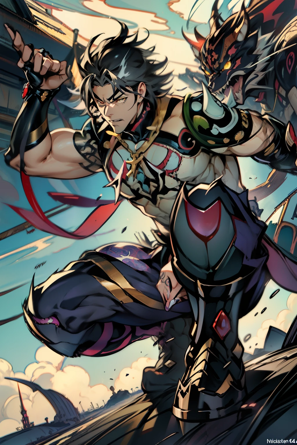《the original god》Arataki Kazuto , male people,,((Masterpiece)), ((Best quality)), Ultra detailed,((illustration)), Dynamic Angle, Detailed light, (Delicate eyes), Floating, 1boy, Male focus, Head, Clothing, Yellow eyes, necklace, tattoo, (Forehead:0.8), (ahoge:0.8), jewelry, apathy,Ray, chest muscle, Sexy , Venom symbiote for your body, Black mucus of the body , (into venom), Venom,frontage,style of anime4 K, 4K anime wallpaper, Badass anime 8 K, 4 k comic wallpaper, young anime man, Anime boys, Anime wallpapers 4 k, Anime wallpaper 4K, High quality anime art style, Anime moe art style, Anime art wallpaper 8 K, Anime art wallpaper 4 K, RGB lighting