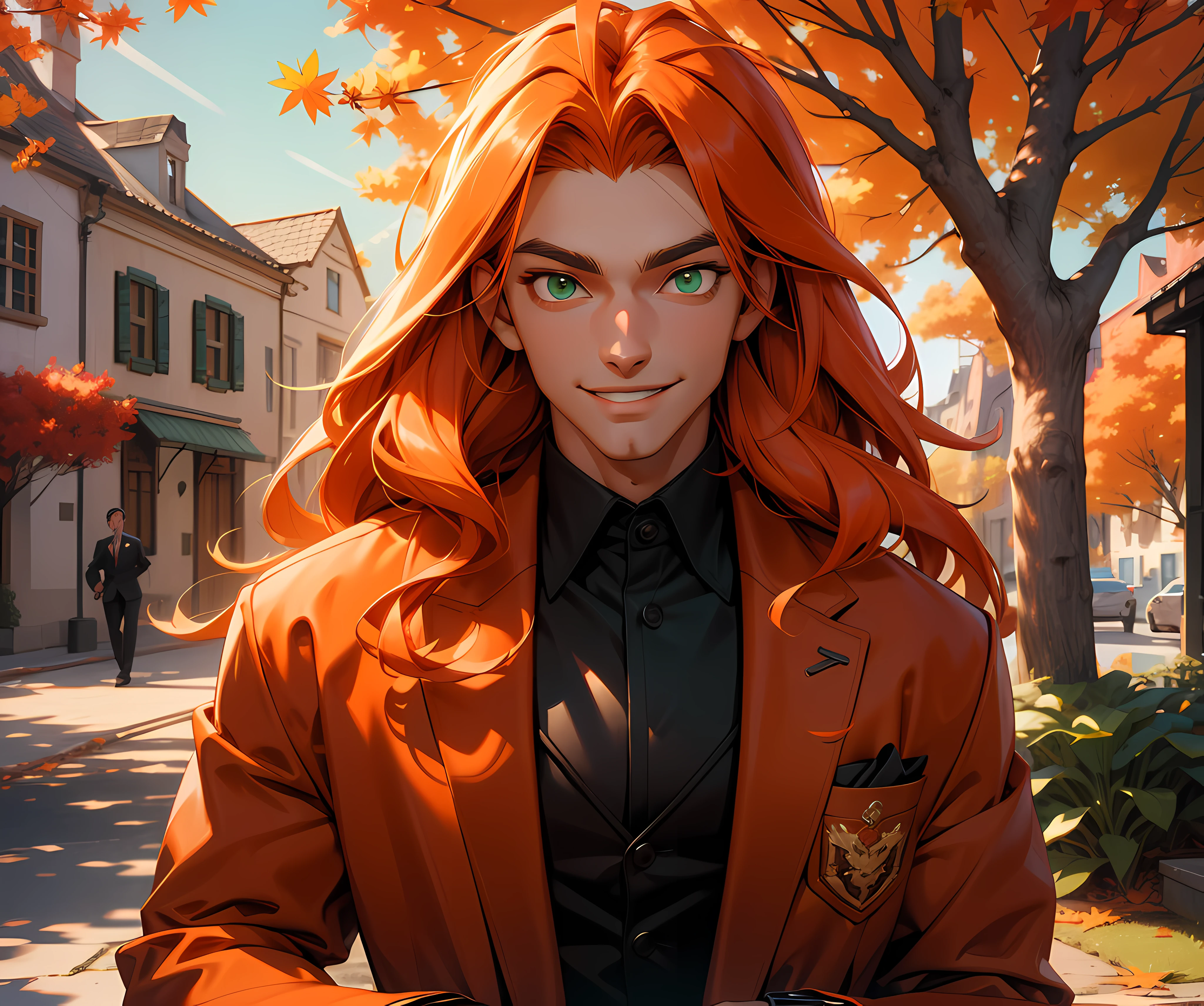 (absurdres, highres, ultra detailed), 1 male, adult, handsome, tall, long orange hair, finely detailed green eyes and detailed face, black suit, red coat, smile, outdoor, autumn, sunlight, ray tracing, 8k resolution