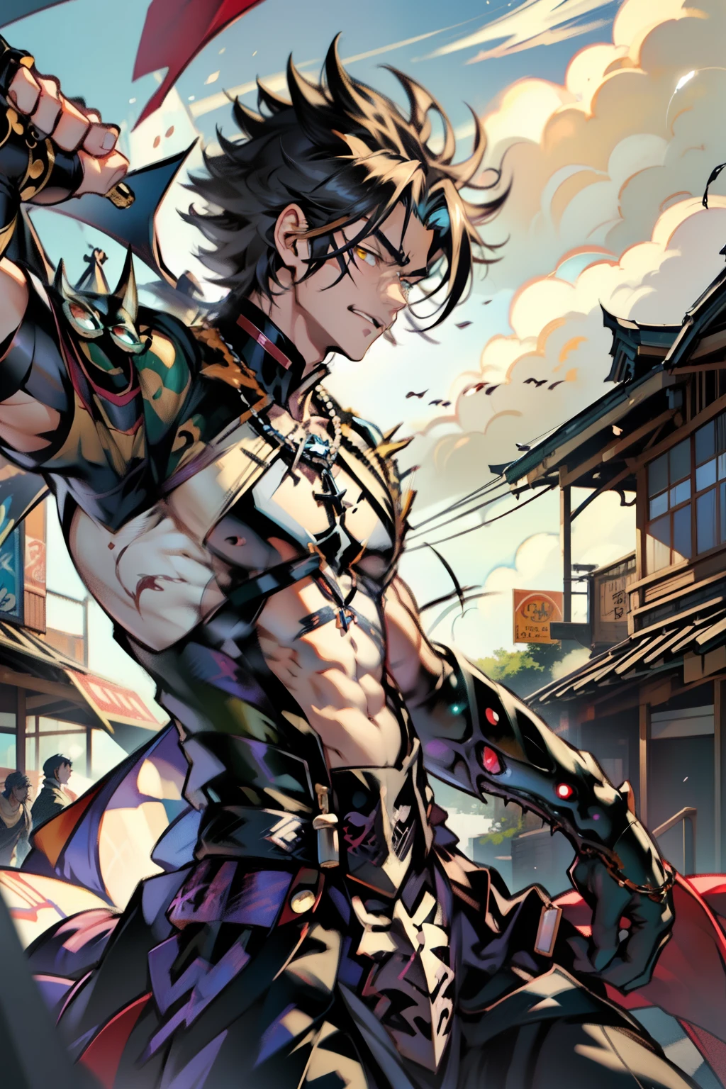 《the original god》Arataki Kazuto , male people,,((Masterpiece)), ((Best quality)), Ultra detailed,((illustration)), Dynamic Angle, Detailed light, (Delicate eyes), Floating, 1boy, Male focus, Head, Clothing, Yellow eyes, necklace, tattoo, (Forehead:0.8), (ahoge:0.8), jewelry, apathy,Ray, chest muscle, Sexy , Venom symbiote for your body, Black mucus of the body , (into venom), Venom,frontage,style of anime4 K, 4K anime wallpaper, Badass anime 8 K, 4 k comic wallpaper, young anime man, Anime boys, Anime wallpapers 4 k, Anime wallpaper 4K, High quality anime art style, Anime moe art style, Anime art wallpaper 8 K, Anime art wallpaper 4 K, RGB lighting
