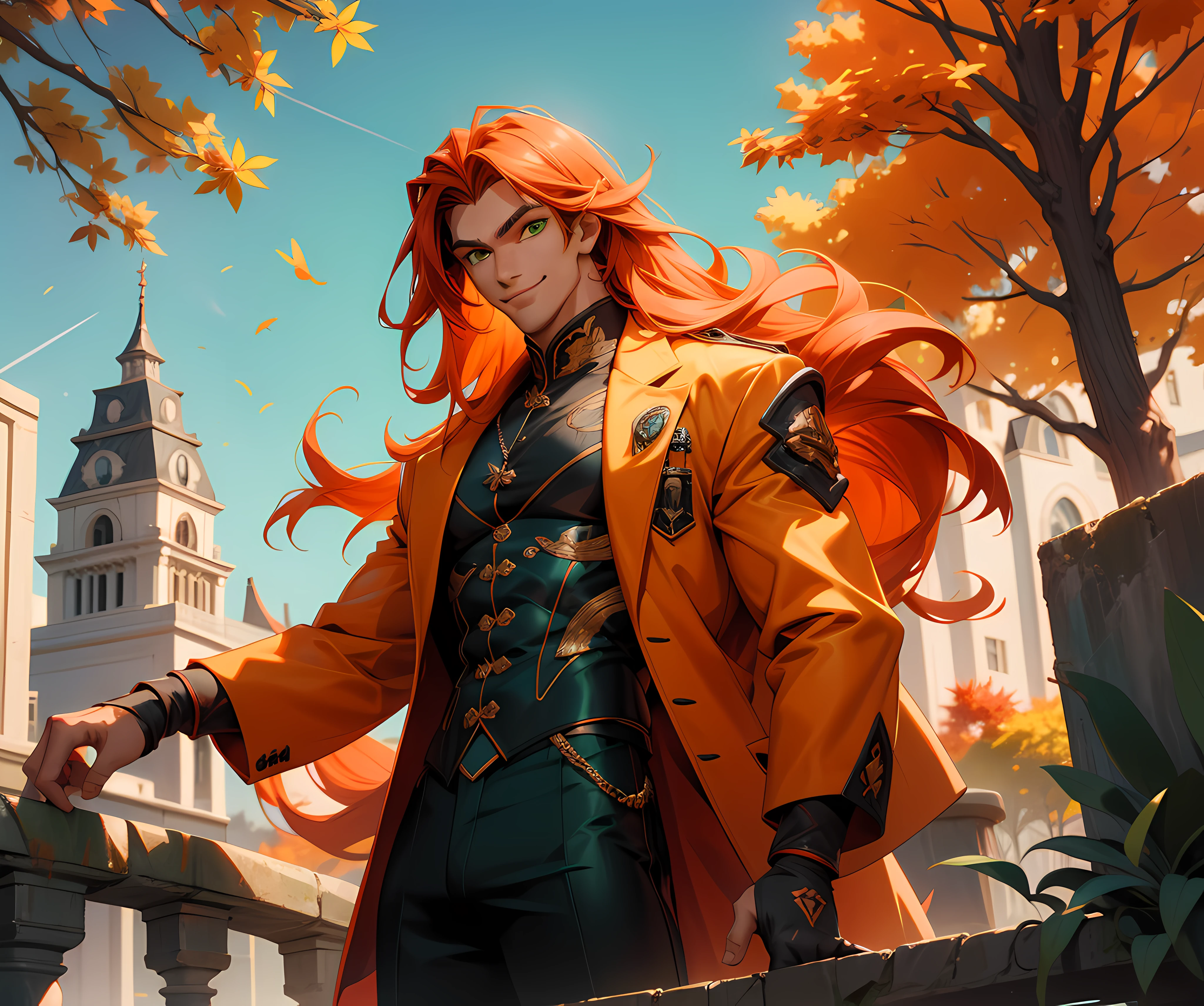 (absurdres, highres, ultra detailed), 1 male, adult, handsome, tall, long orange hair, finely detailed green eyes and detailed face, black suit, red coat, smile, outdoor, autumn, sunlight, ray tracing, 8k resolution