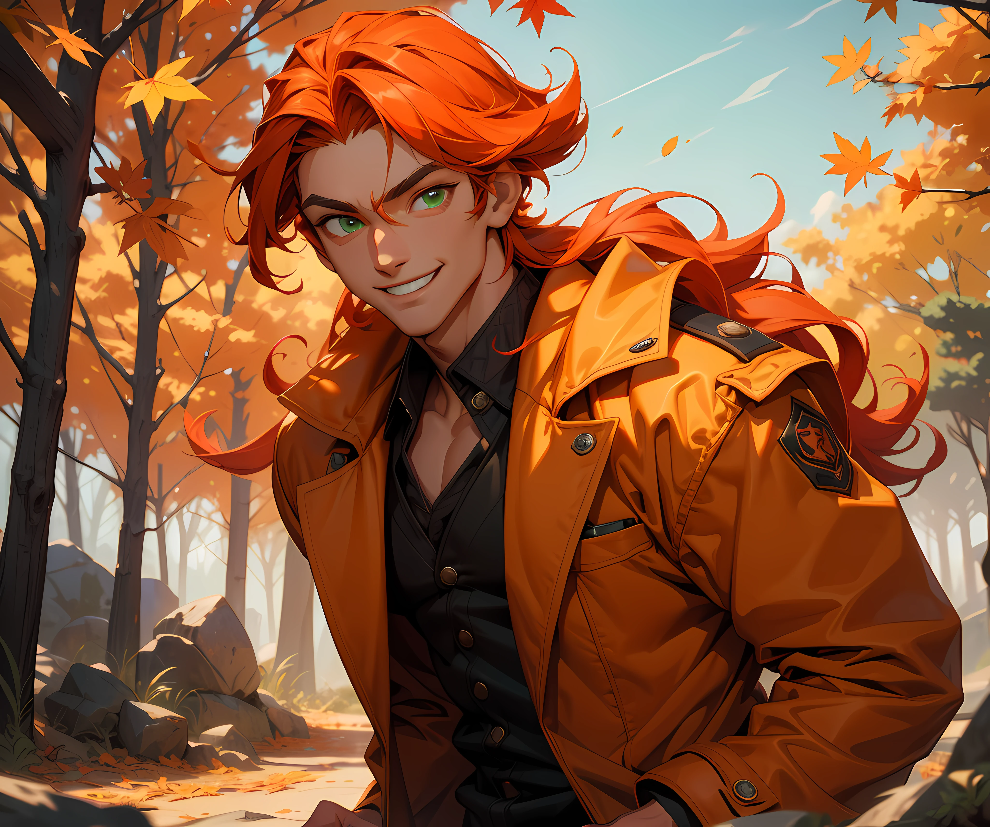 (absurdres, highres, ultra detailed), 1 male, adult, handsome, tall, long orange hair, finely detailed green eyes and detailed face, black suit, red coat, smile, outdoor, autumn, sunlight, ray tracing, 8k resolution